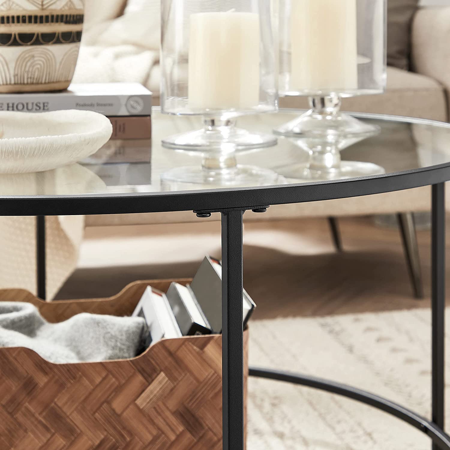 Soffbord - rund soffbord - sidobord med glas topp - svart