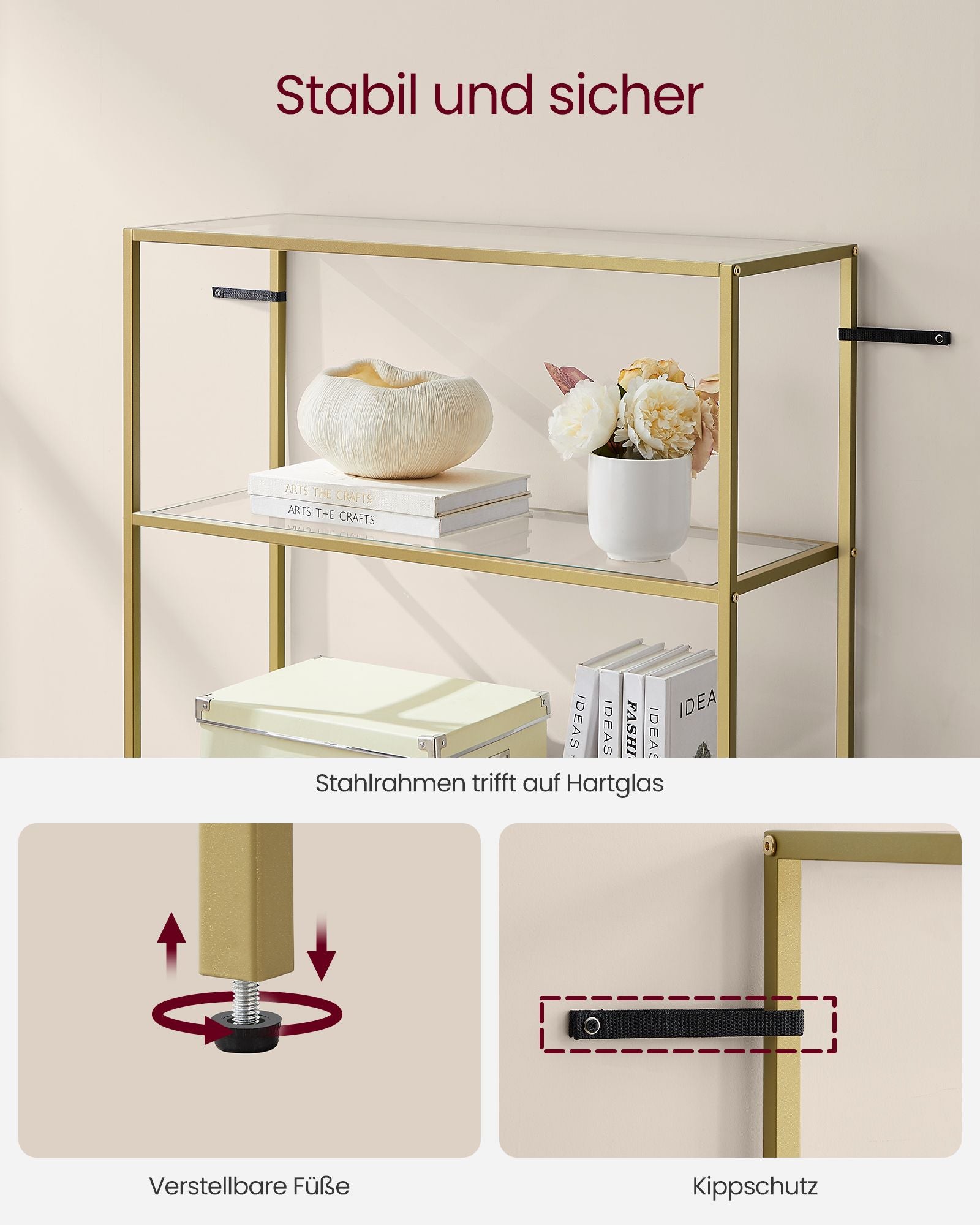 Badrumshylla - Tempererat glas - Transparent - Metalliskt guld