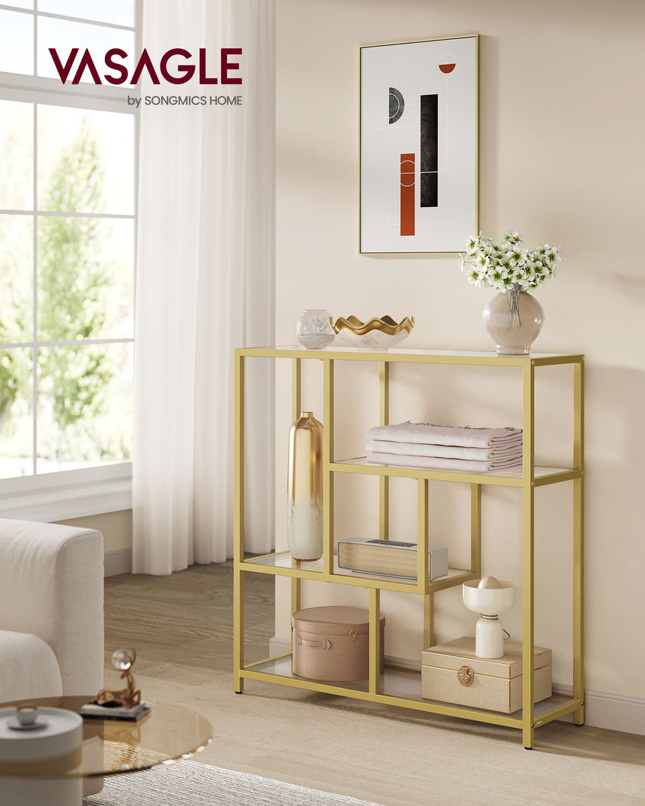 Bokhylla – 4 hyllor – Härdat glas och stål – Transparent blekt guld