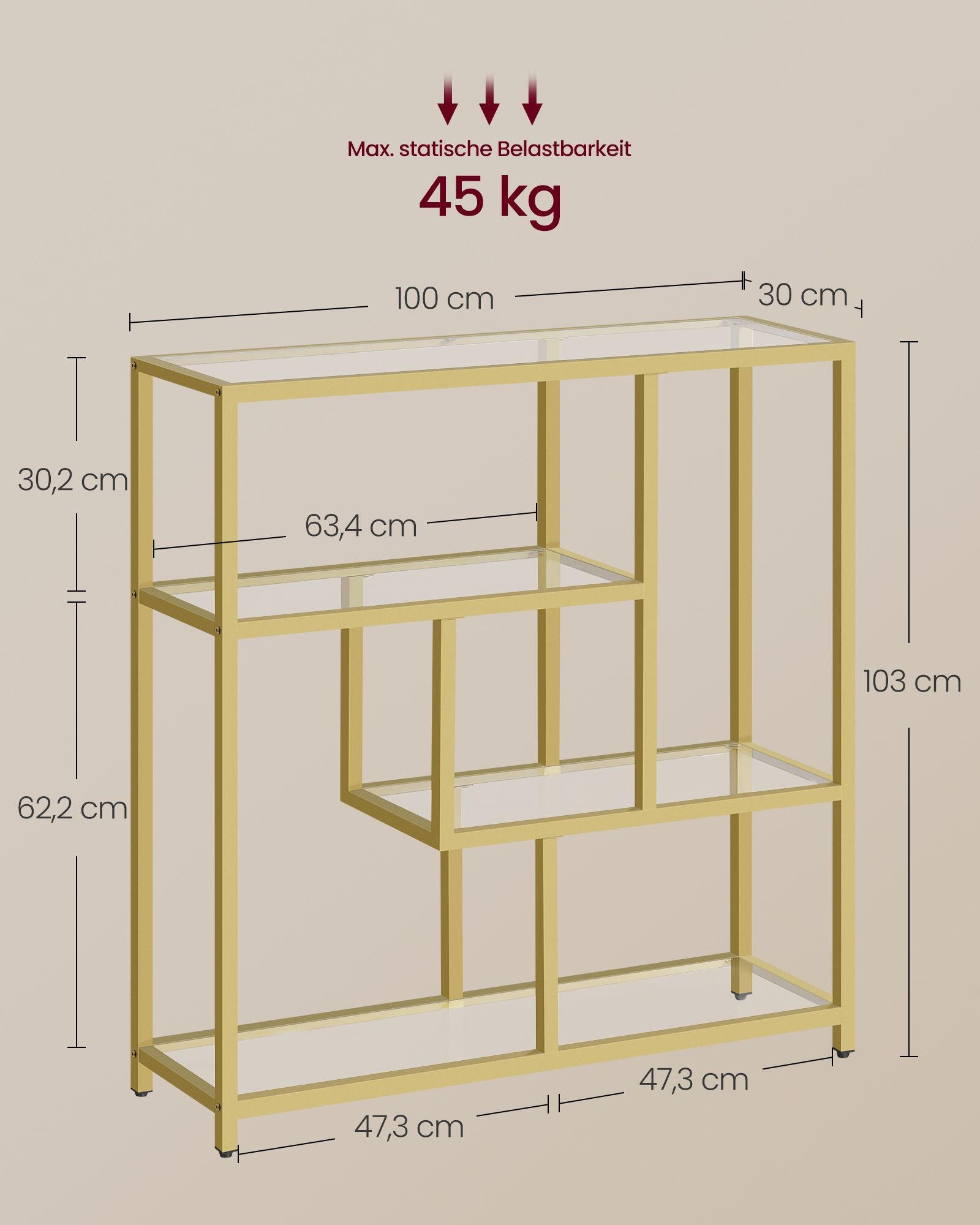 Bokhylla – 4 hyllor – Härdat glas och stål – Transparent blekt guld