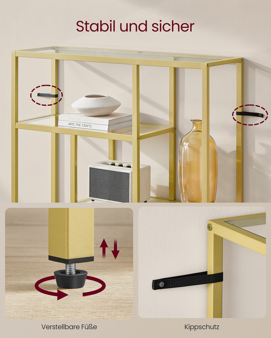 Bokhylla – 4 hyllor – Härdat glas och stål – Transparent blekt guld