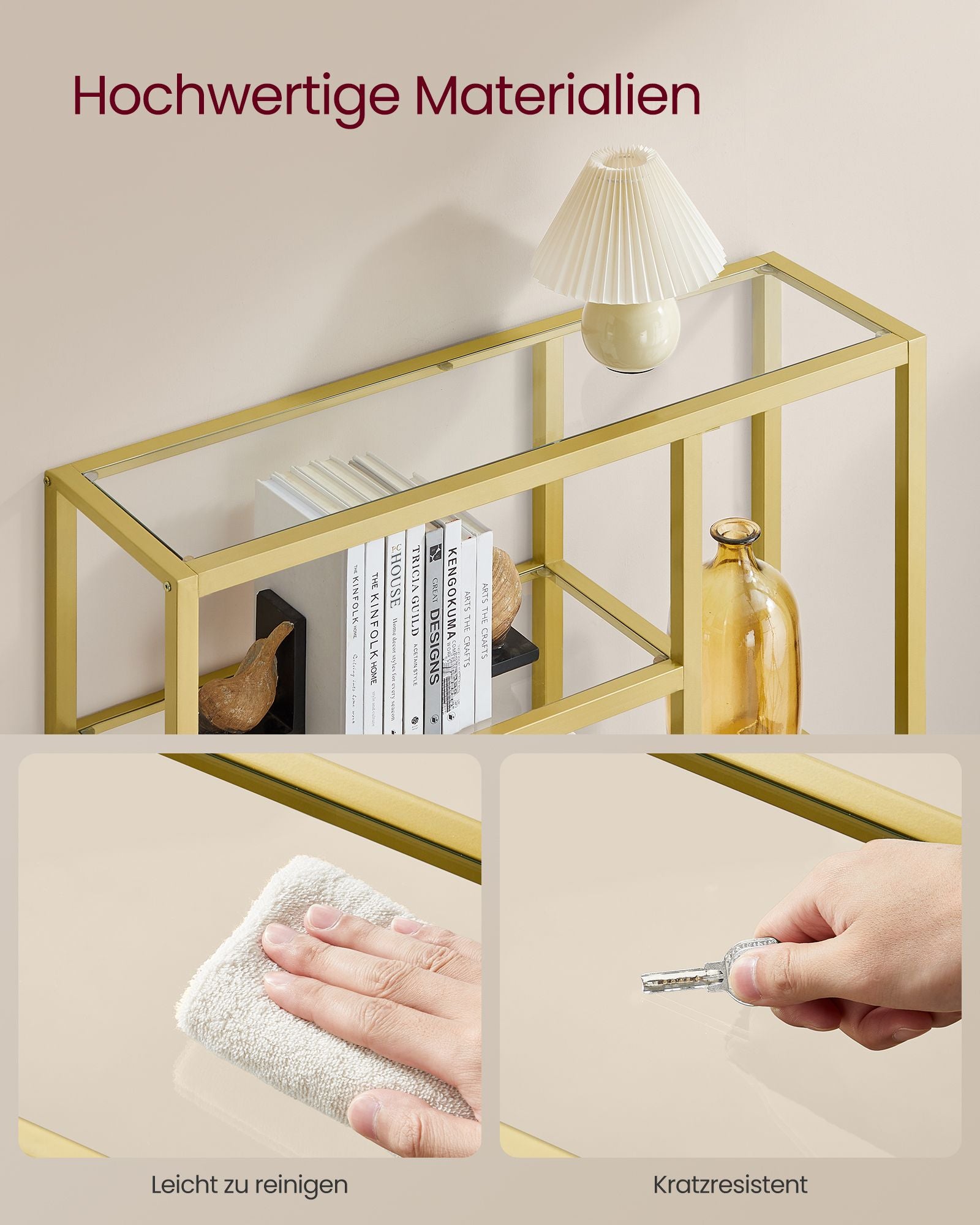 Bokhylla – 4 hyllor – Härdat glas och stål – Transparent blekt guld