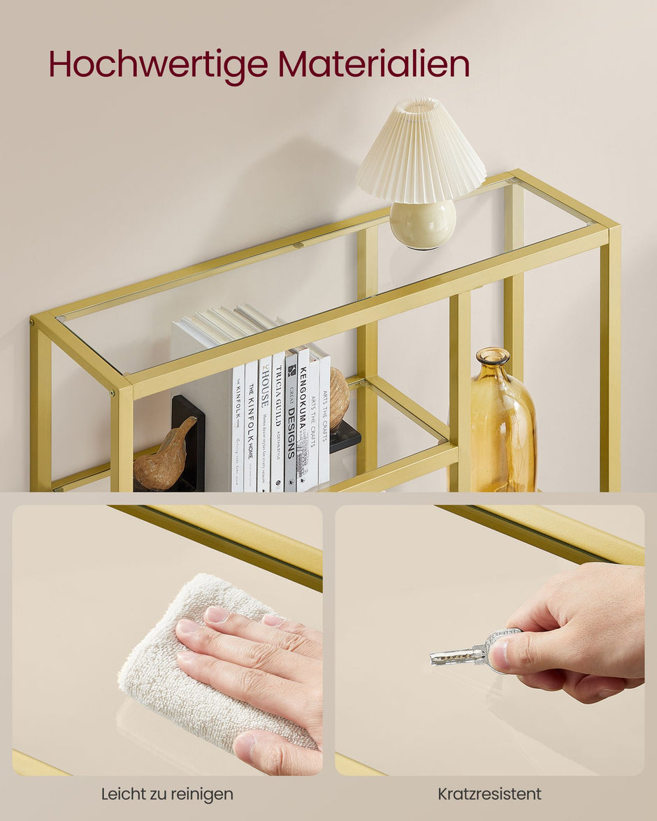 Bokhylla – 4 hyllor – Härdat glas och stål – Transparent blekt guld