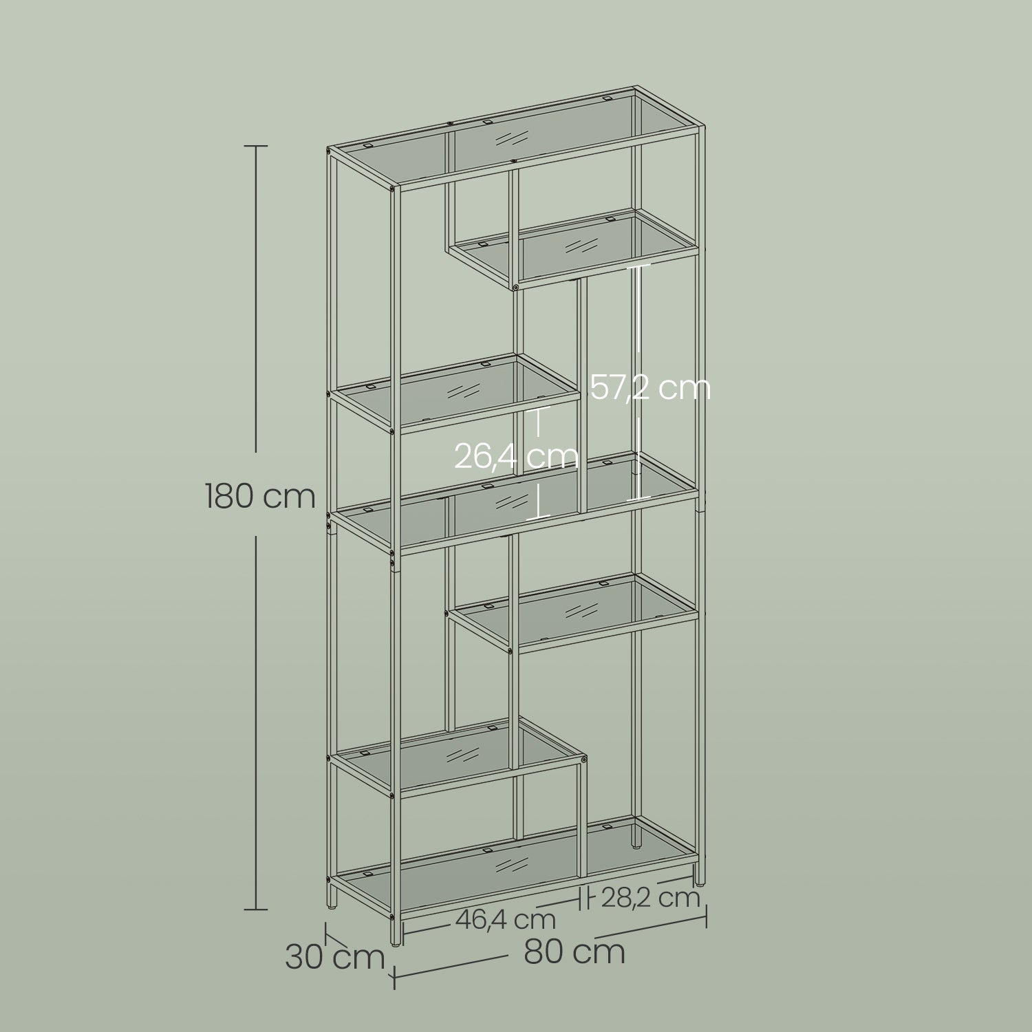 Bokhylla med 6 nivåer, plank med skyddsrum gjord av härdat glas, stående plank