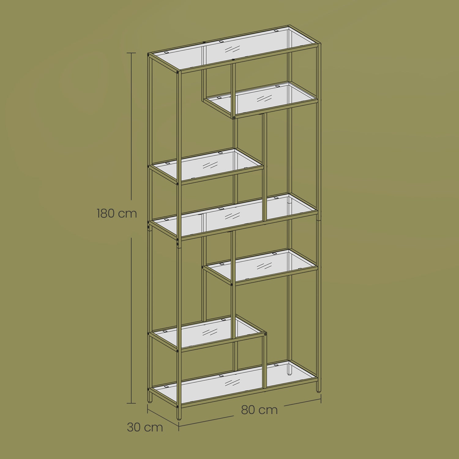 Bokhylla med 6 nivåer, plank med skyddsrum gjord av härdat glas, stående plank