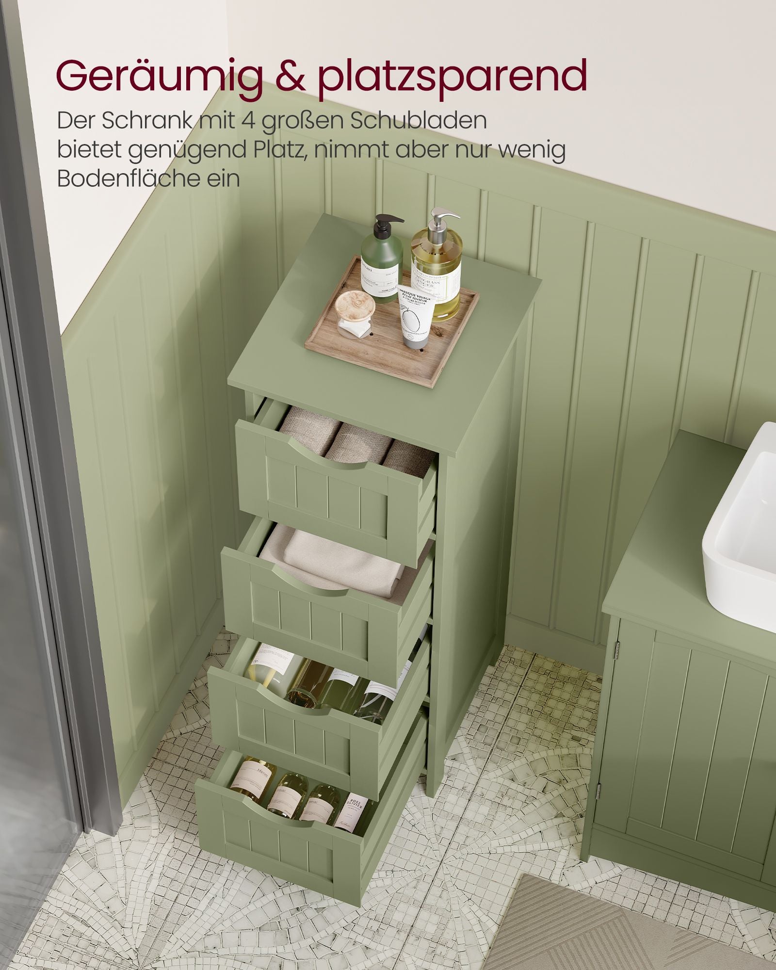 Badrumsskåp - 4 lådor - 30 × 30 × 82 cm - Laurel Green