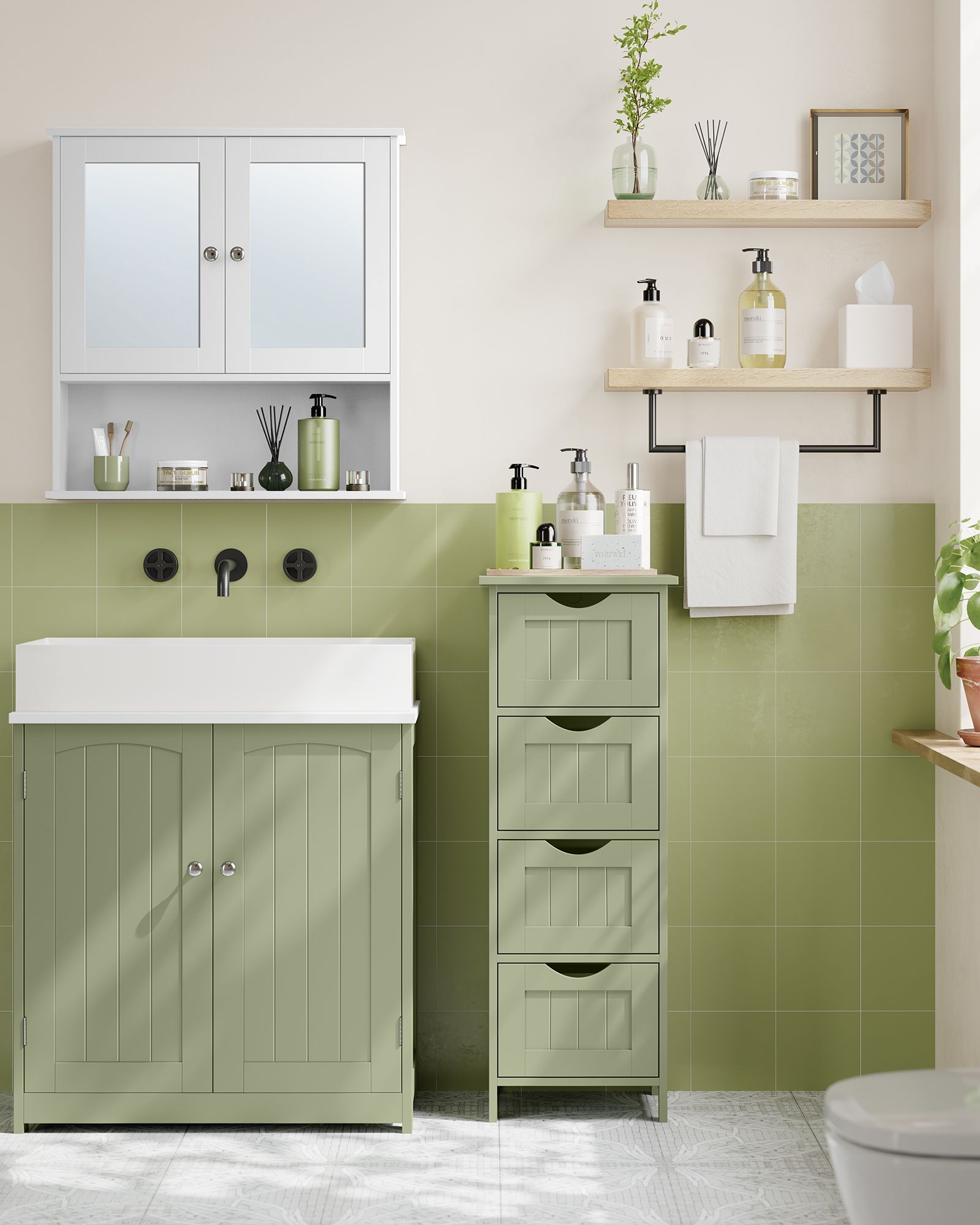 Badrumsskåp - 4 lådor - 30 × 30 × 82 cm - Laurel Green