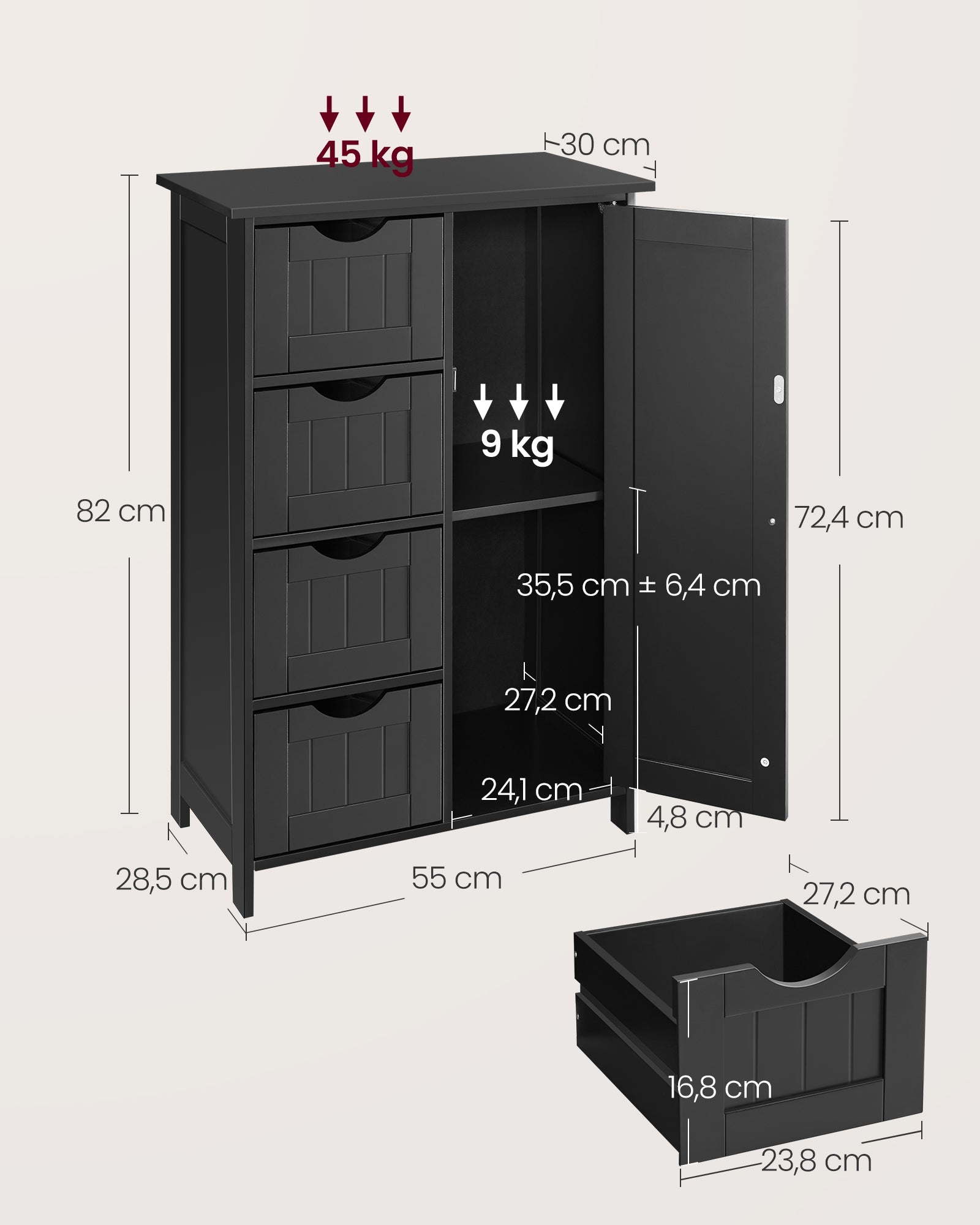 Badrumsmöbler - 4 lådor - 30 × 55 × 82 cm - bläck svart