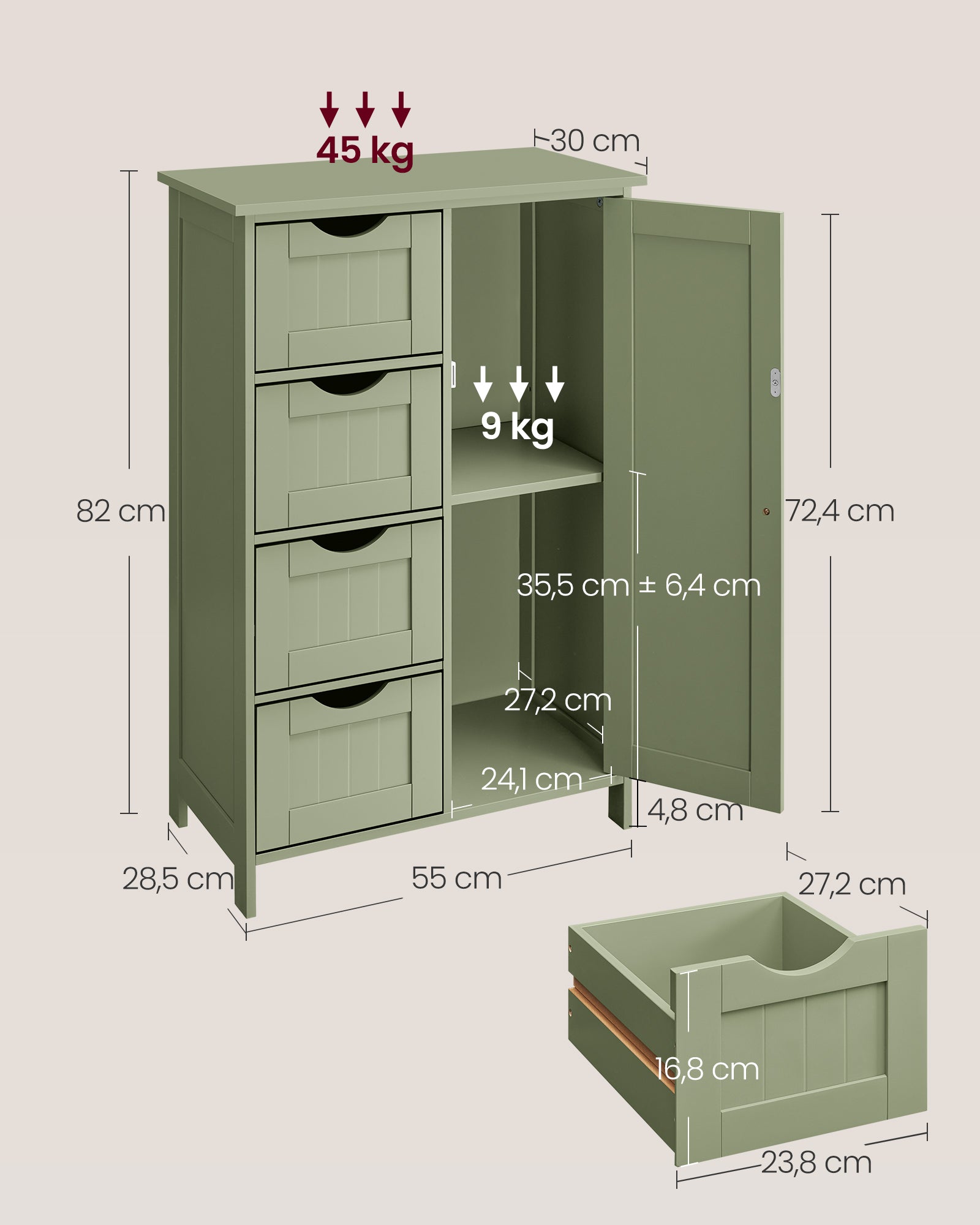 Badrumsskåp - 4 lådor - 30 × 55 × 82 cm - skoggrön