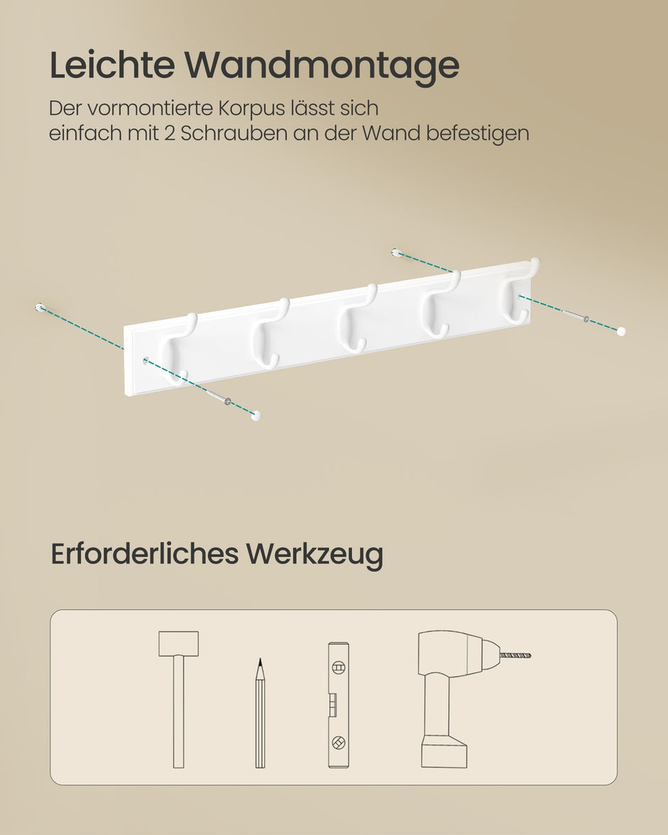Wandkapstok - 5 Dubbele Haken - Metaal - 50 cm - Wolkenwit