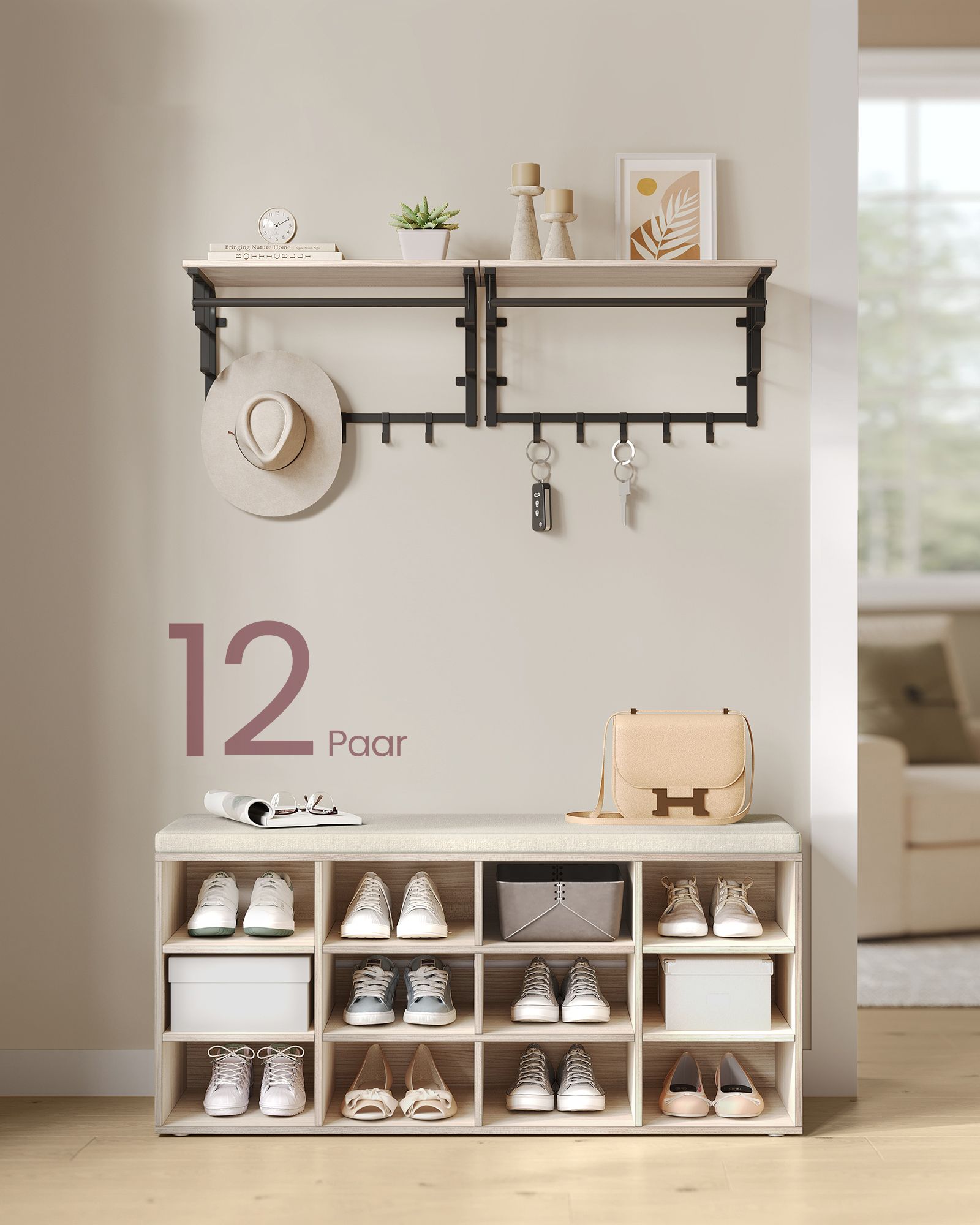 Shoe Rack med säte - 30,3 × 104 × 48 cm - naturlig beige