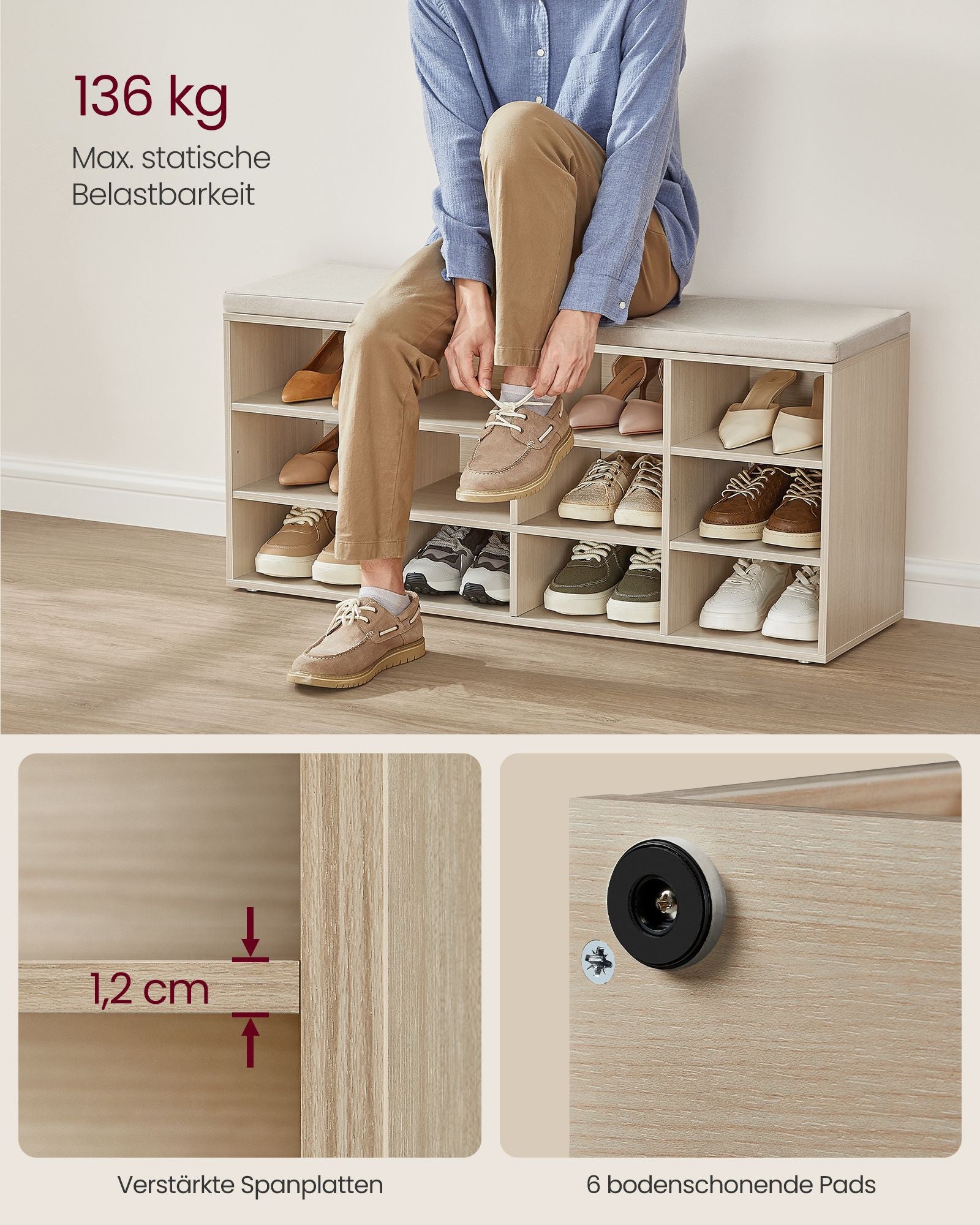 Shoe Rack med säte - 30,3 × 104 × 48 cm - naturlig beige