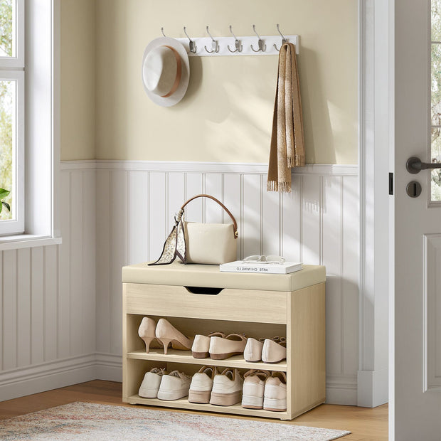 Skobänk med kuddar – kompakt och snygg – naturbeige