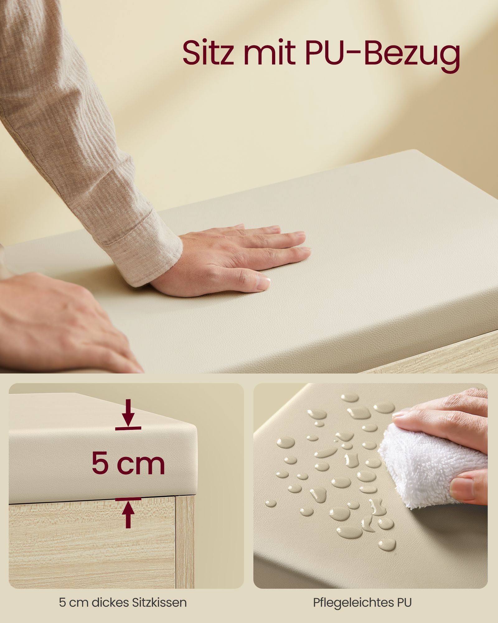 Skobänk med kuddar – kompakt och snygg – naturbeige