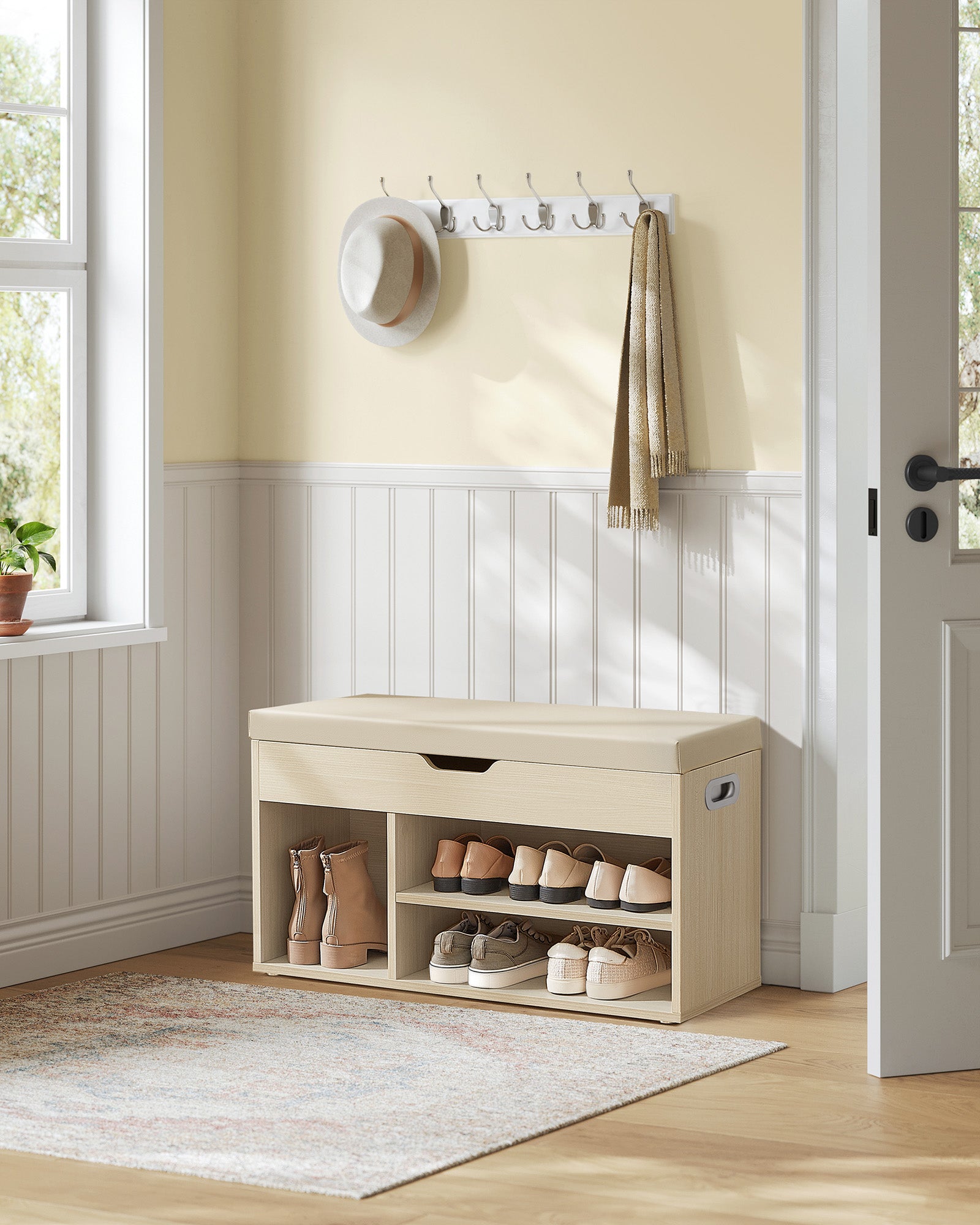 Skobänk med 3 öppna fack, naturlig beige