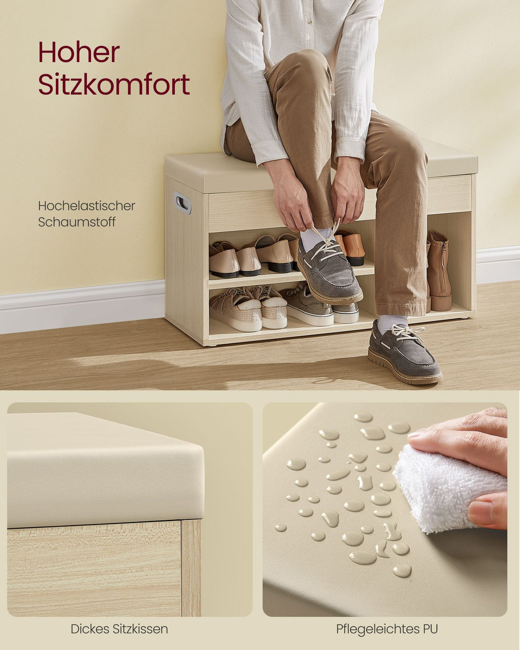 Skobänk med 3 öppna fack, naturlig beige