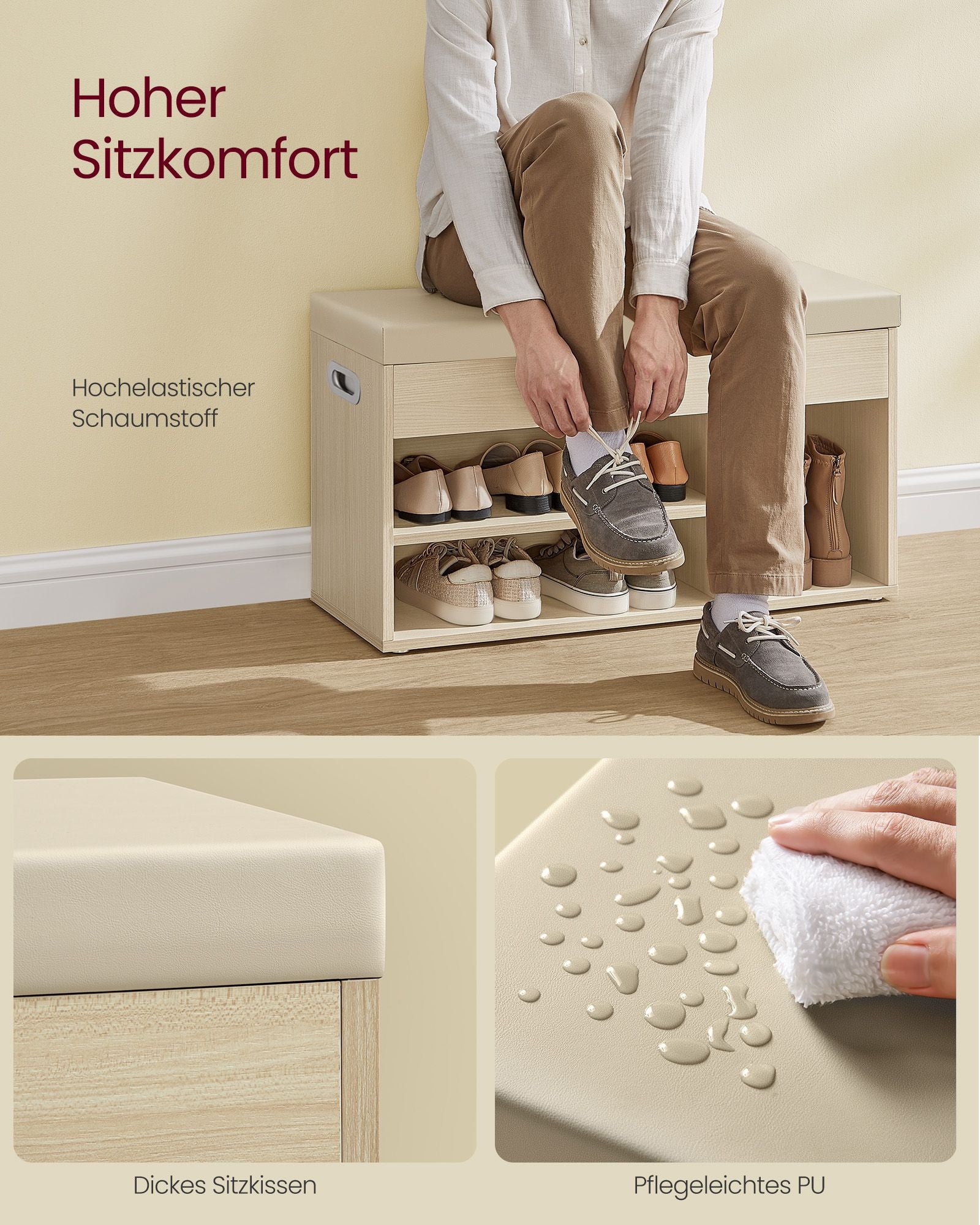Skobänk med 3 öppna fack, naturlig beige