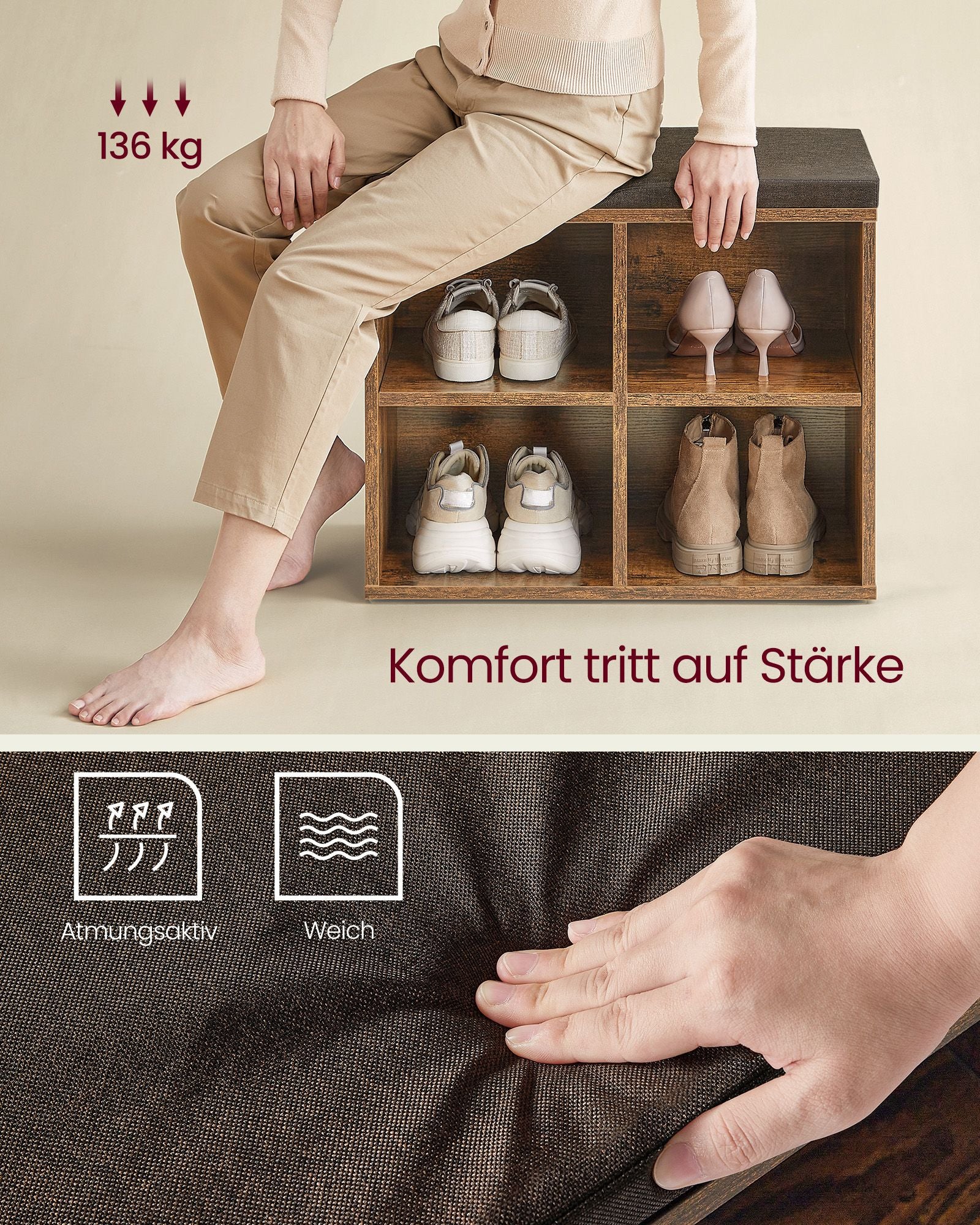 Skobänk med 4 fack vintage brun kastanj brun