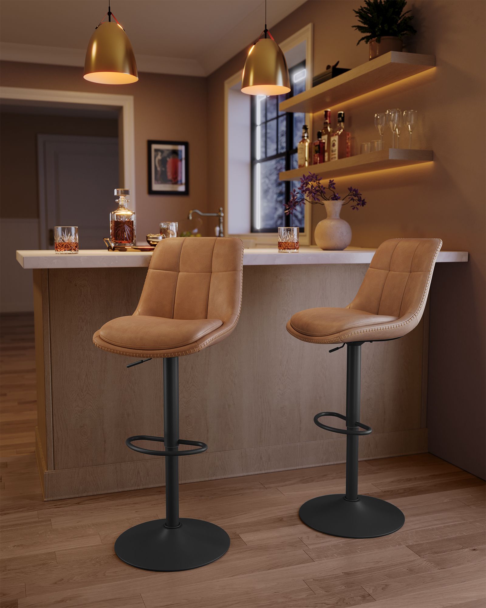 Barstol - uppsättning av 2 - med ryggstöd - Caramel Brown
