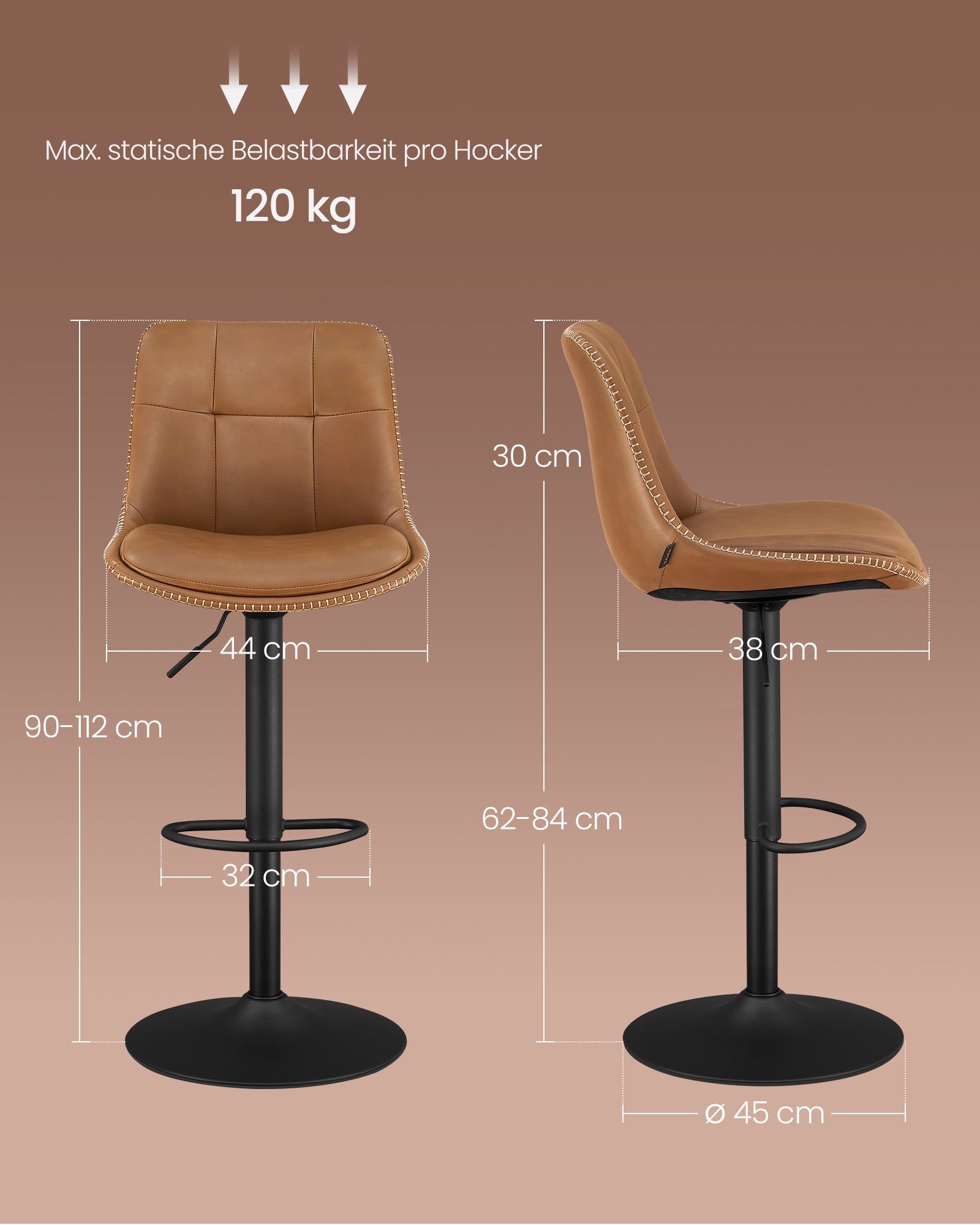 Barstol - uppsättning av 2 - med ryggstöd - Caramel Brown