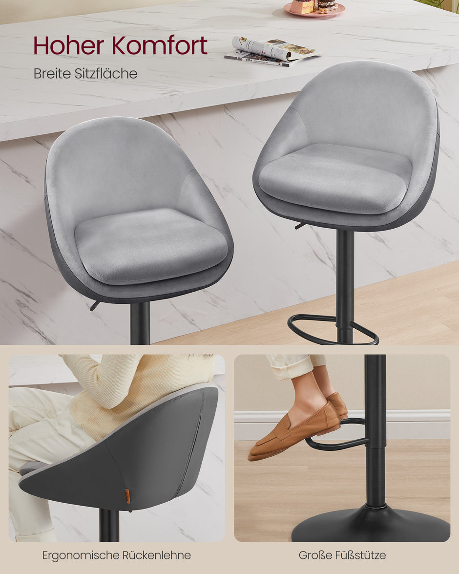 Barstol Set om 2 – Höjdjusterbar – Sammet – Dove Grey Ink Black