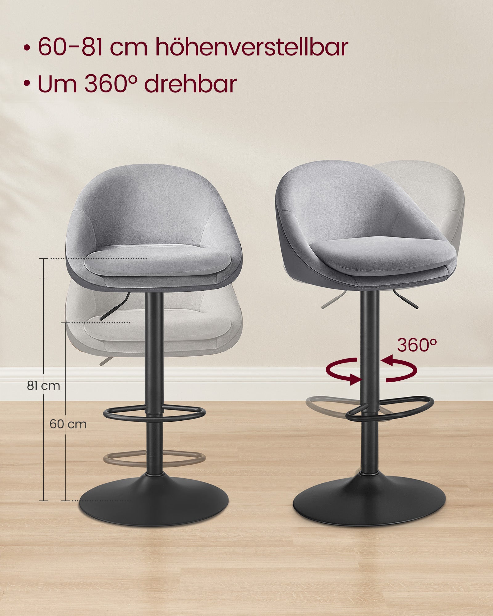 Barstol Set om 2 – Höjdjusterbar – Sammet – Dove Grey Ink Black