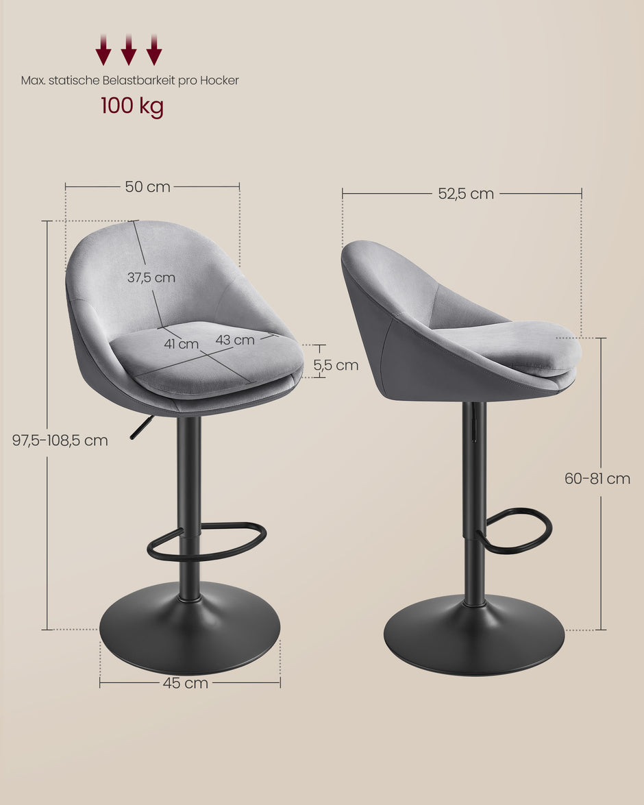 Barstol Set om 2 – Höjdjusterbar – Sammet – Dove Grey Ink Black