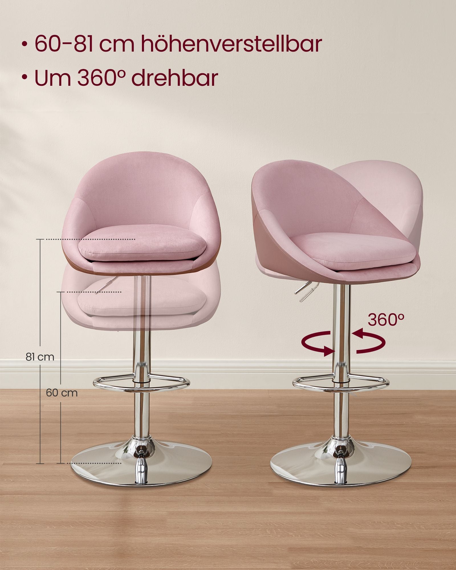 Barstol - uppsättning av 2 - höjdjusterbar - pastellrosa & silvergrå