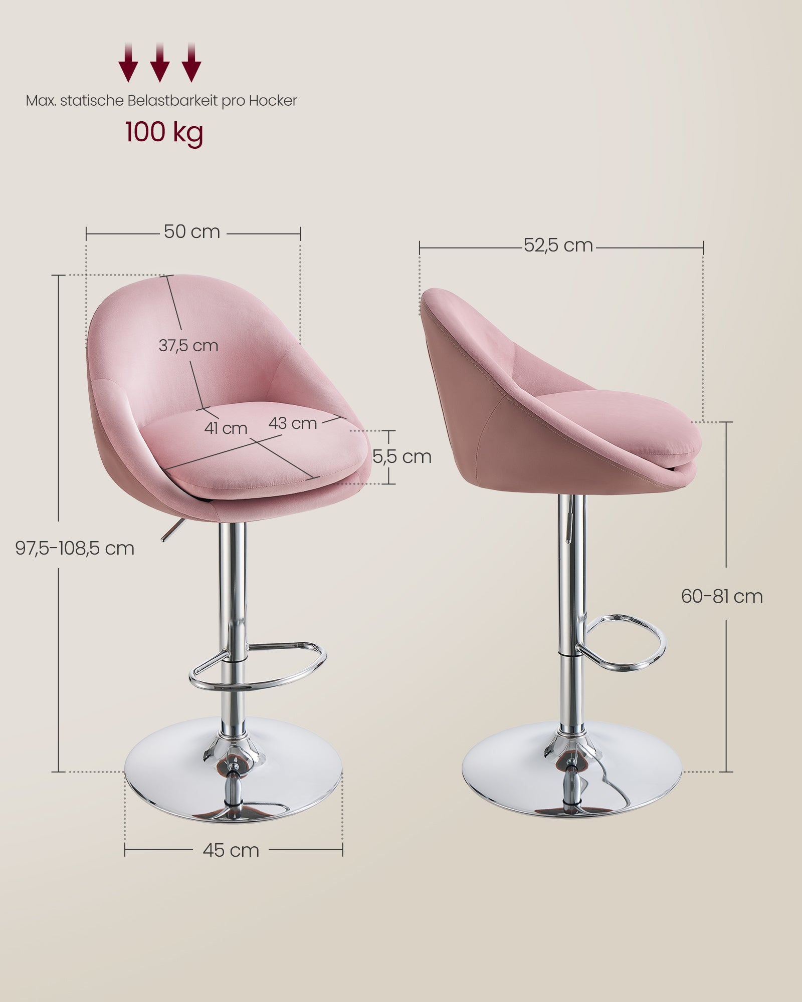 Barstol - uppsättning av 2 - höjdjusterbar - pastellrosa & silvergrå
