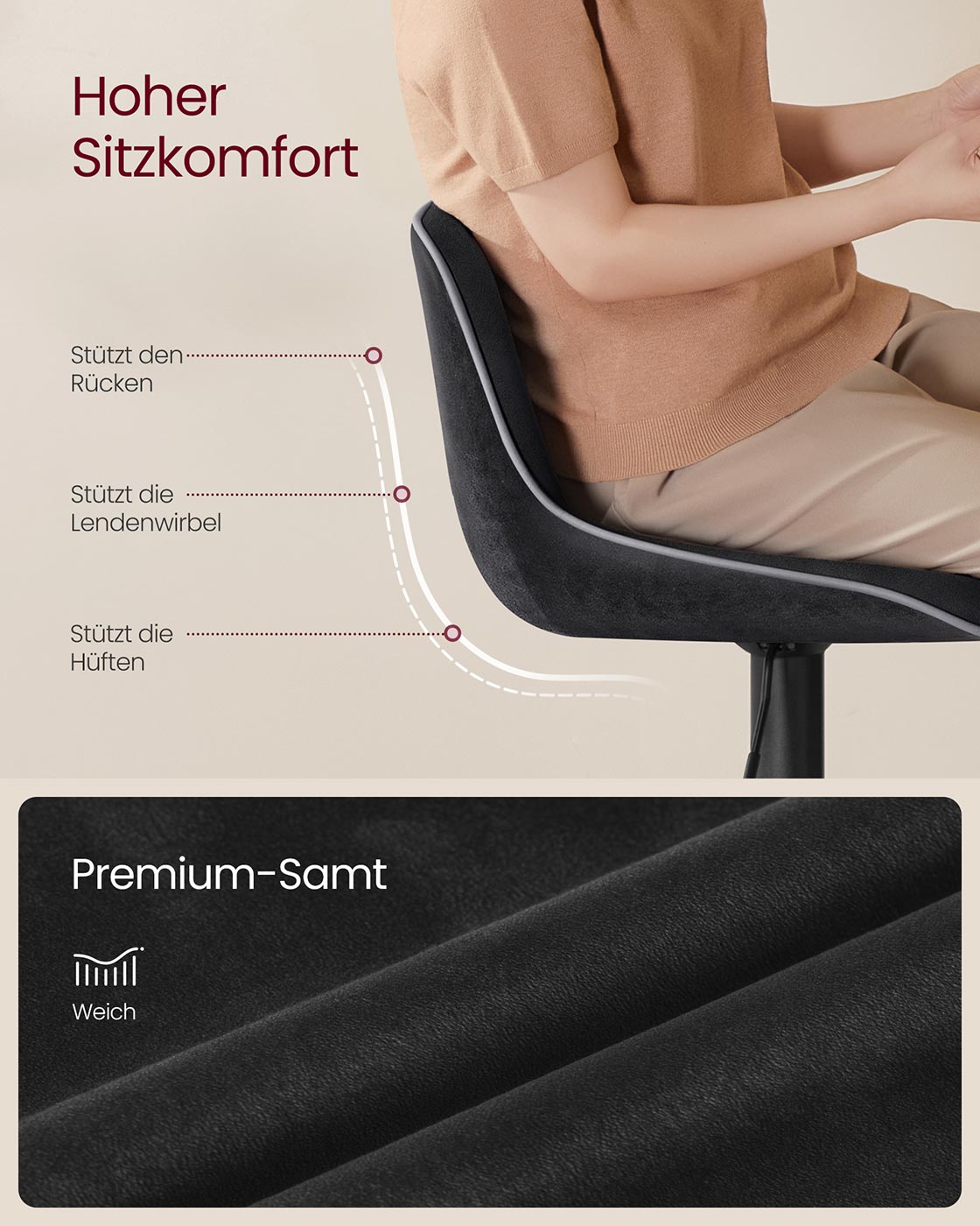 Barstolsset – justerbar i höjdled – sammetsklädsel – bläcksvart