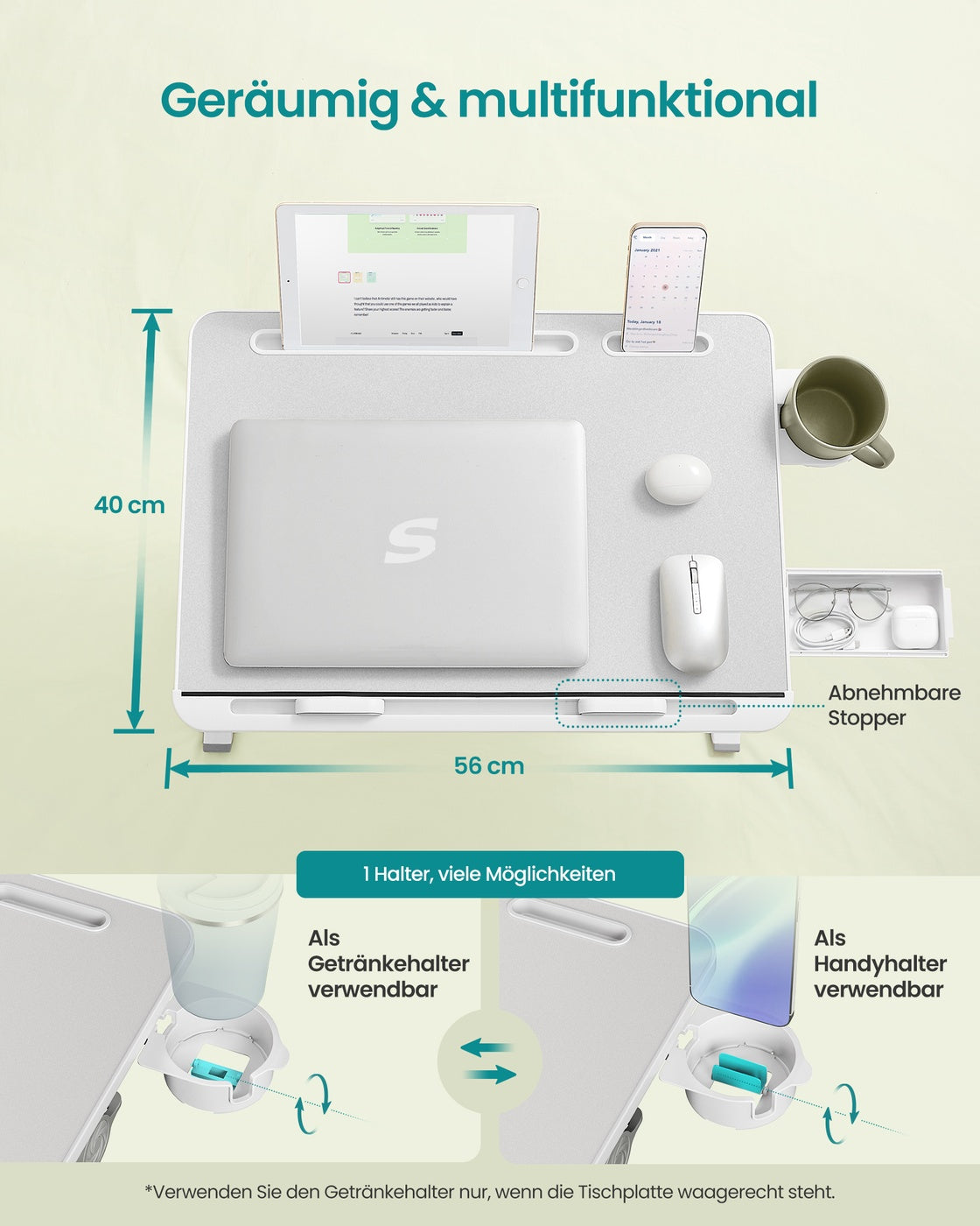 Laptoptafel - 56 x 40 cm - Kantelbaar - Met Bekerhouder - Grijs