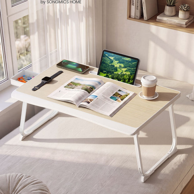 Laptoptafel voor op Bed – Inklapbaar – Met Lade – 60 x 40 x 27 cm – Natuurbeige