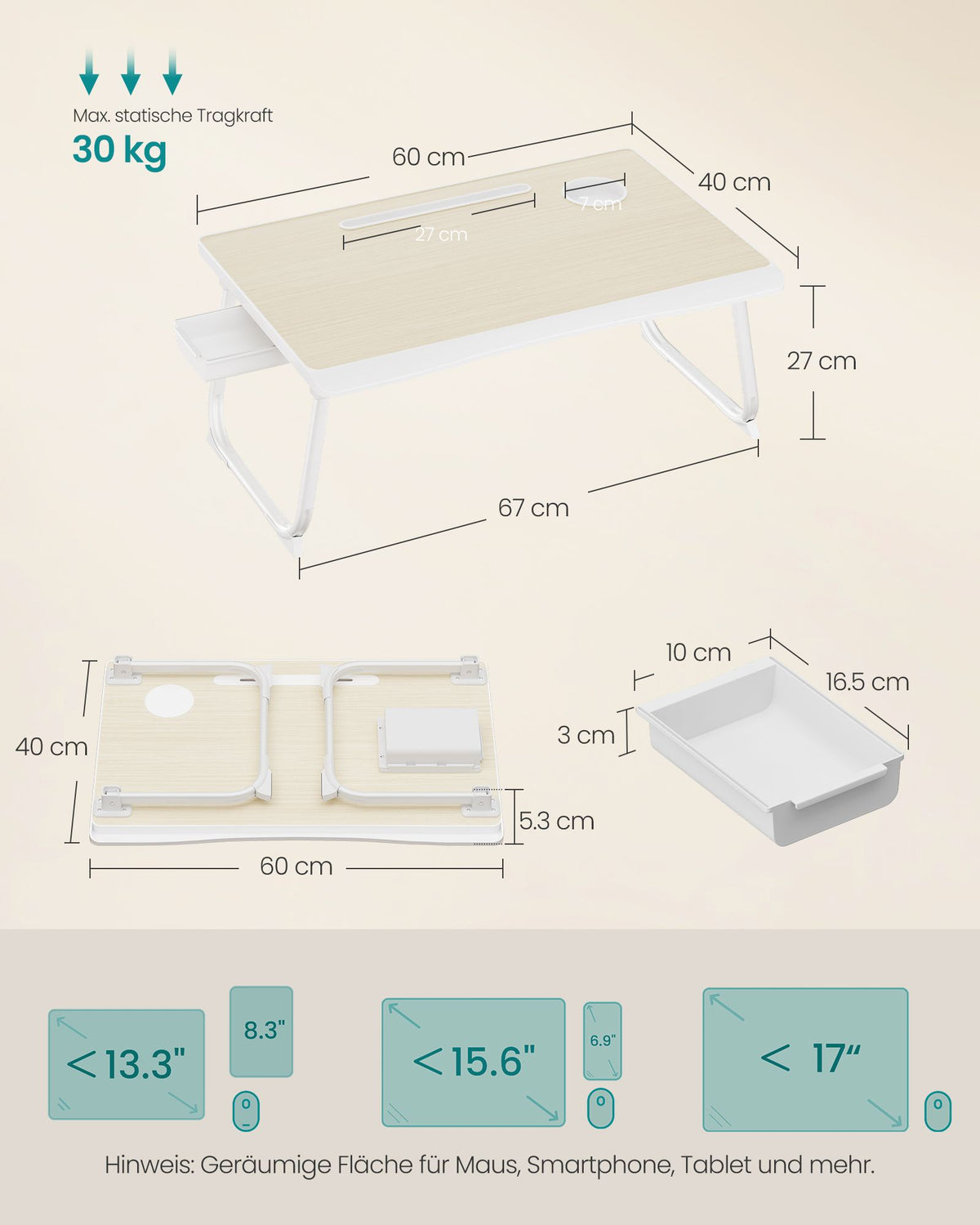 Laptoptafel voor op Bed – Inklapbaar – Met Lade – 60 x 40 x 27 cm – Natuurbeige