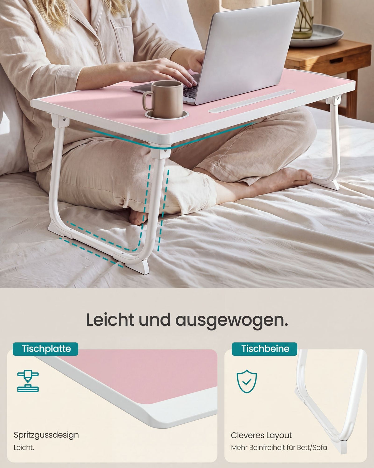 Laptoptafel voor op Bed – Inklapbaar – Met Lade – 60 x 40 x 27 cm – Pastelroze
