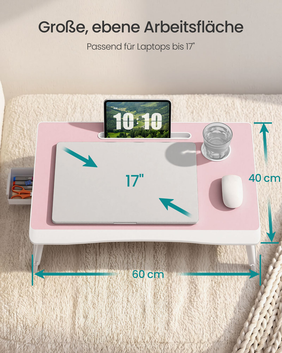Laptoptafel voor op Bed – Inklapbaar – Met Lade – 60 x 40 x 27 cm – Pastelroze