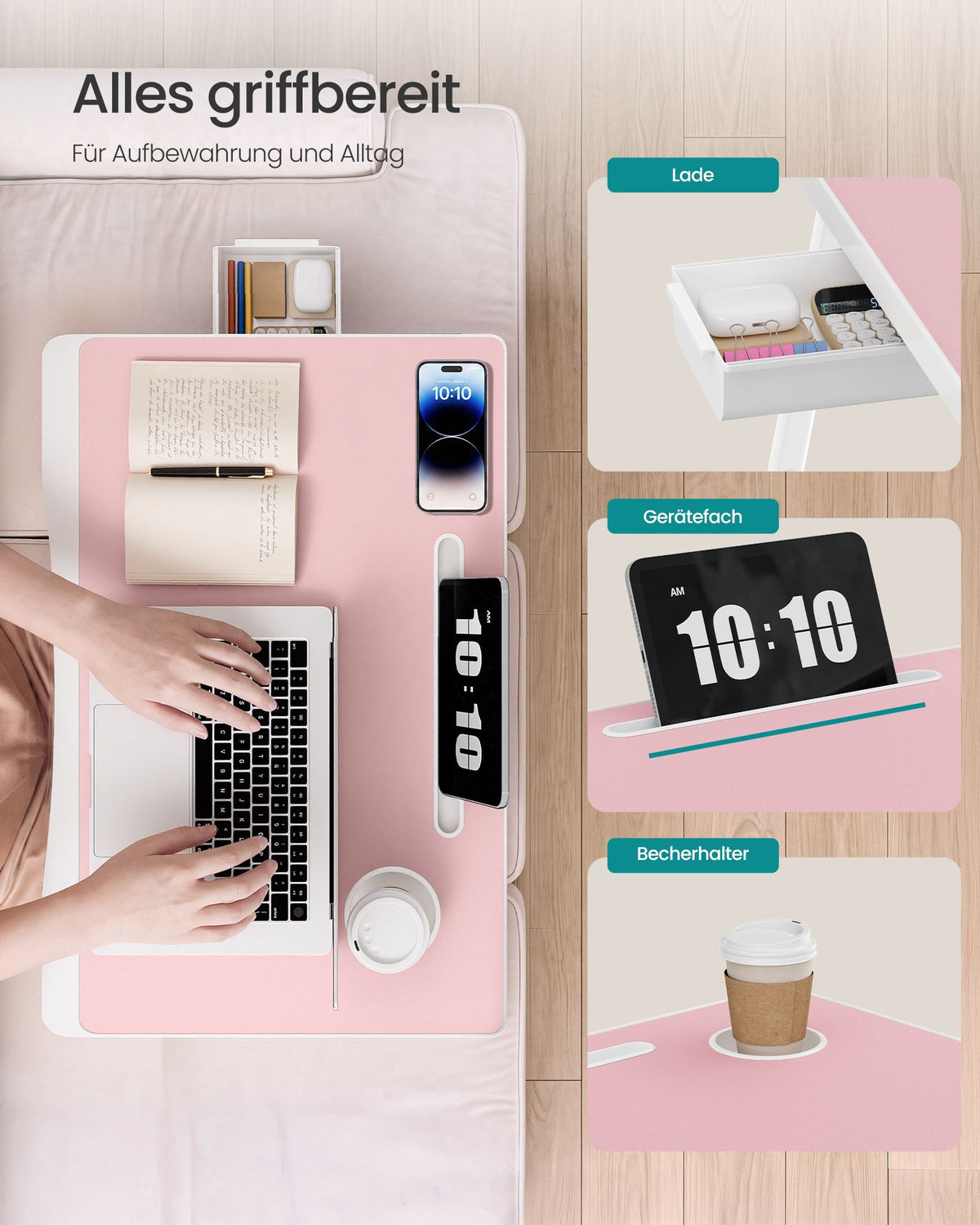Laptoptafel voor op Bed – Inklapbaar – Met Lade – 60 x 40 x 27 cm – Pastelroze