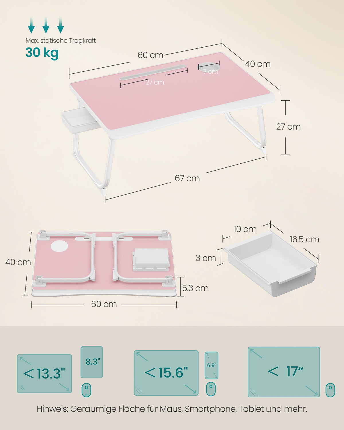 Laptoptafel voor op Bed – Inklapbaar – Met Lade – 60 x 40 x 27 cm – Pastelroze