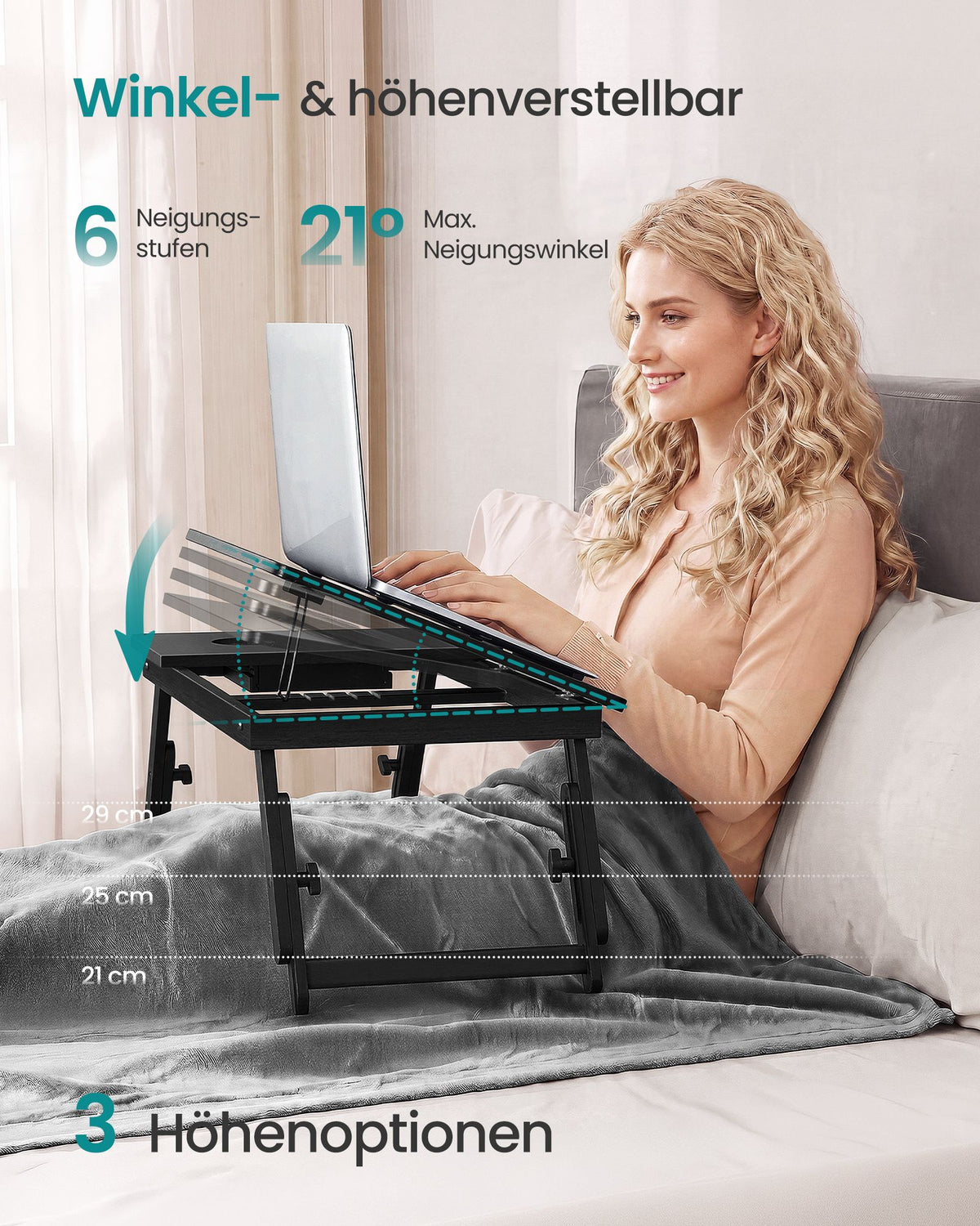 Laptoptafel – Verstelbaar – MDF en Bamboe – Met Lade – 55,5 x 35 x 30 cm – Zwart