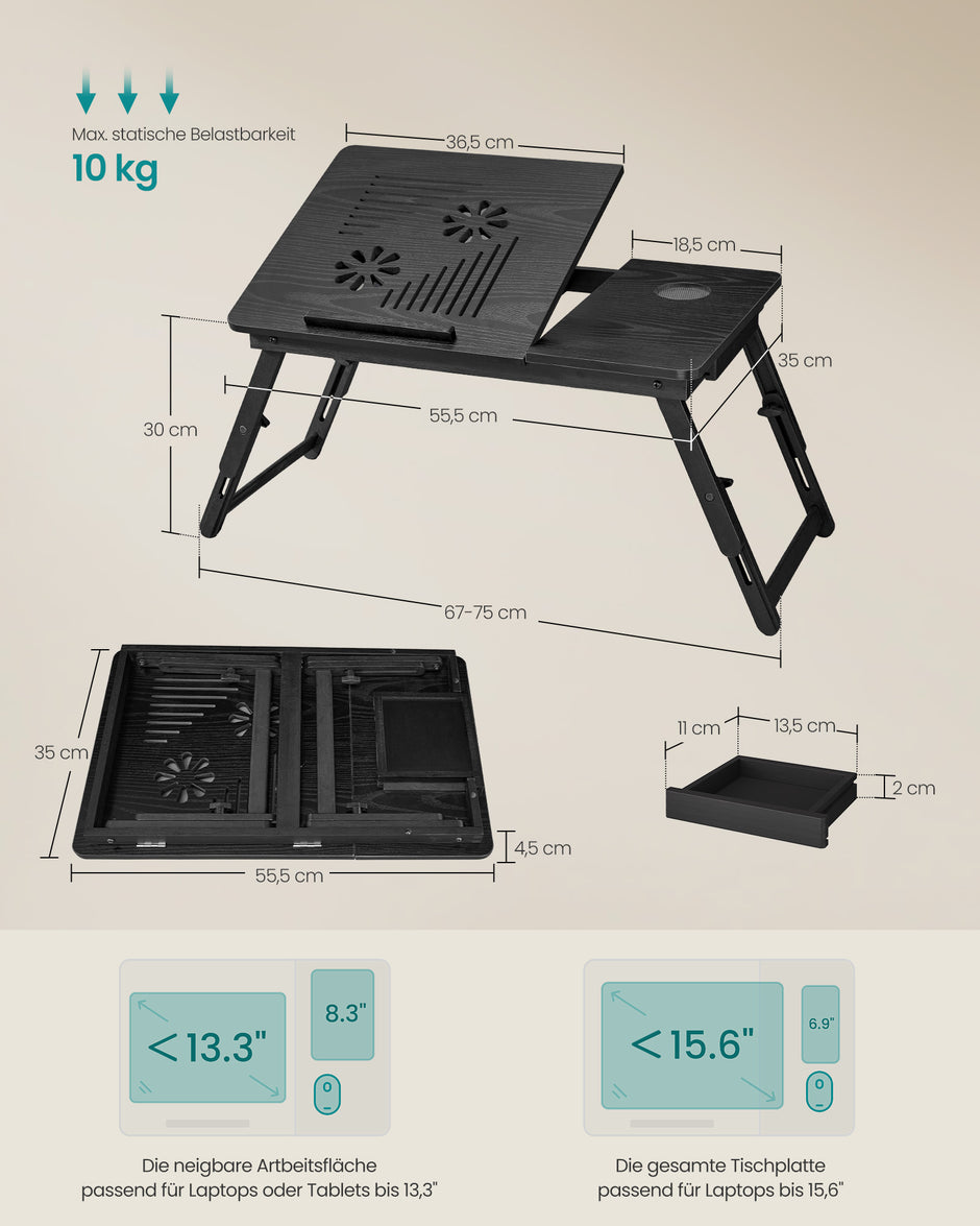Laptoptafel – Verstelbaar – MDF en Bamboe – Met Lade – 55,5 x 35 x 30 cm – Zwart