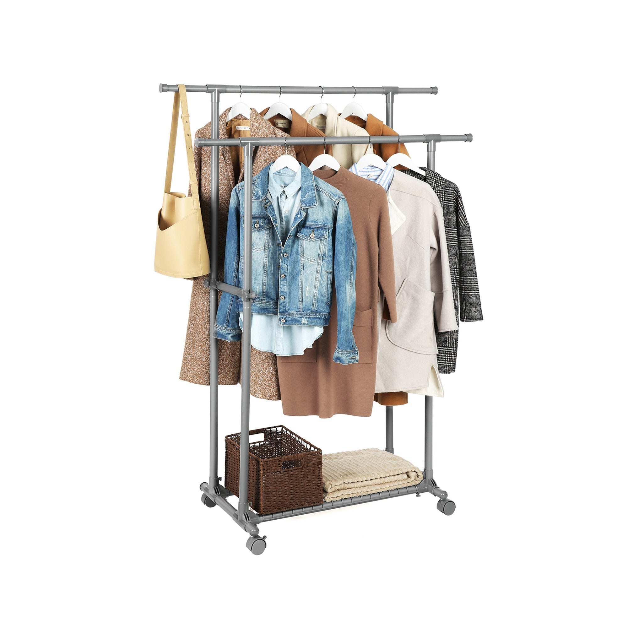 Pälsställ på hjul - dubbelstång - utdragbar - max. Lastkapacitet 70 kg - svart