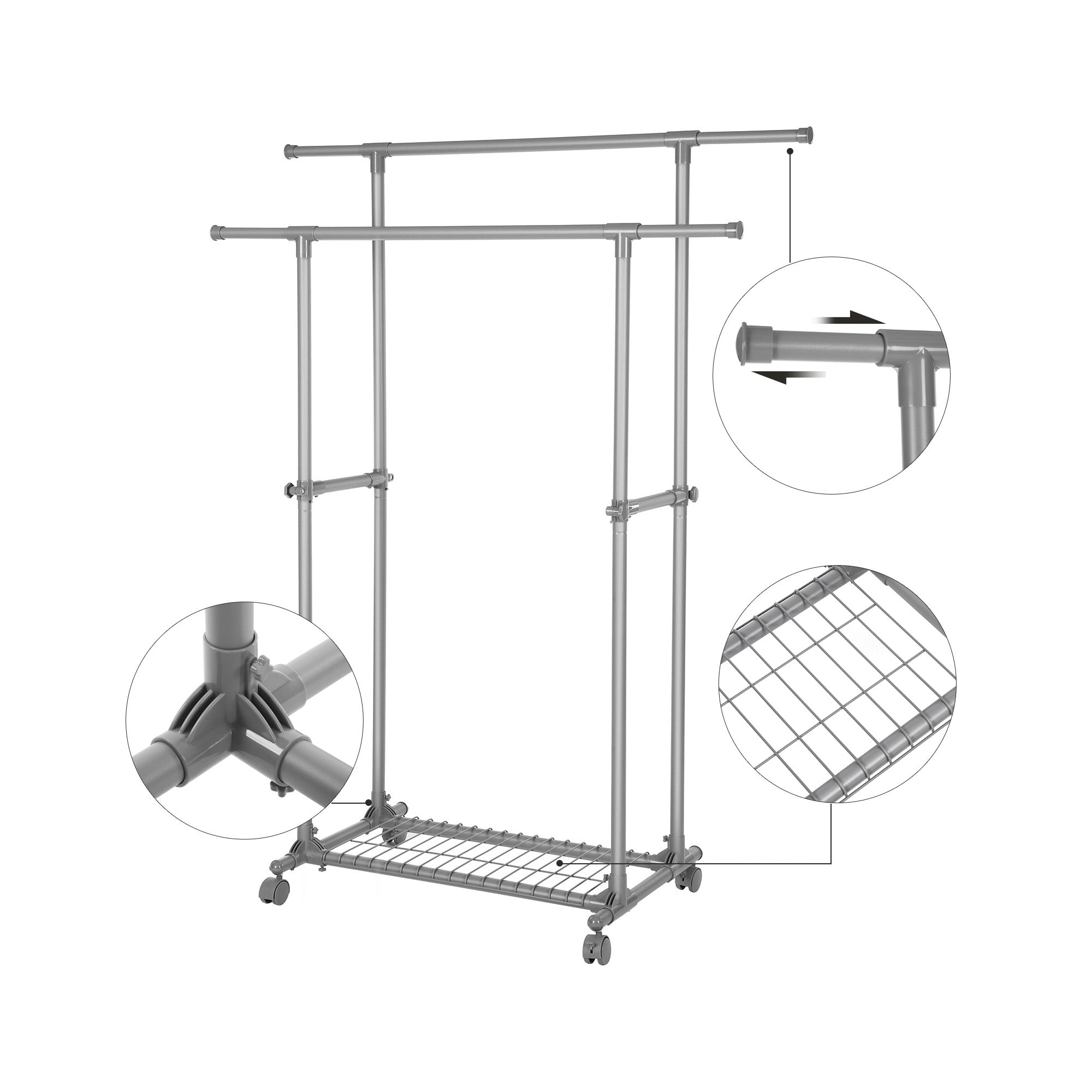 Pälsställ på hjul - dubbelstång - utdragbar - max. Lastkapacitet 70 kg - svart