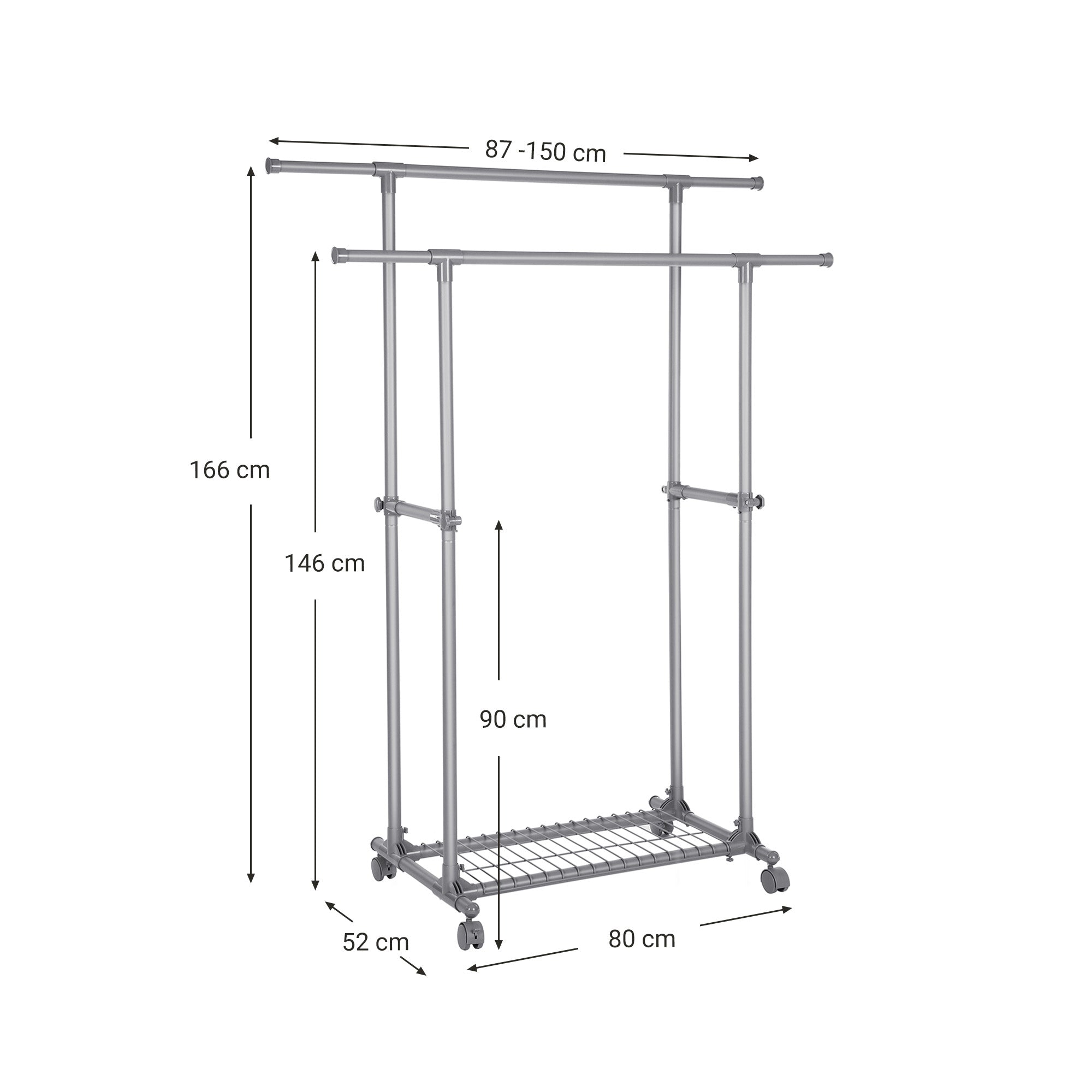 Pälsställ på hjul - dubbelstång - utdragbar - max. Lastkapacitet 70 kg - svart