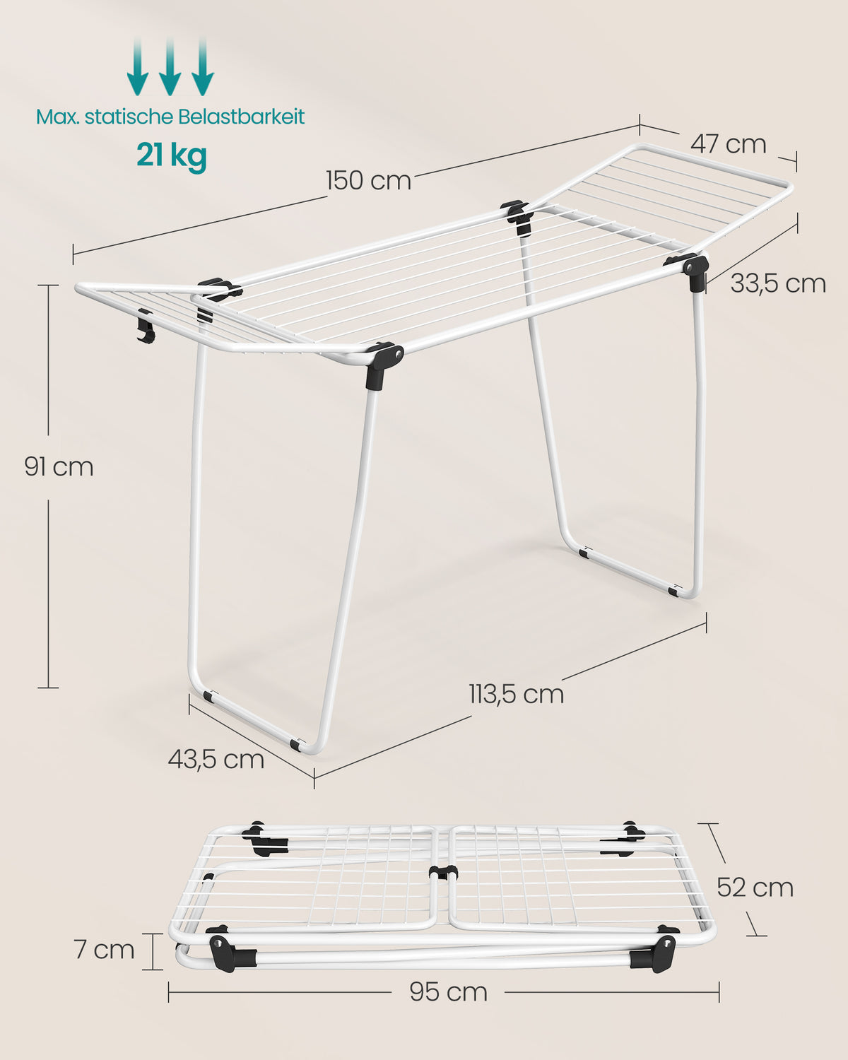 Wasrek - Inklapbaar van Staal - Ruimtebesparend - Wit - 47 x 150 x 91 cm