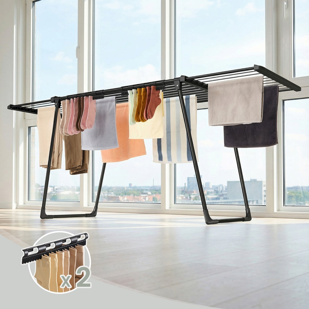 Wasdroogrek - 62,5 x (113,5-200) x 90 cm - 22 m² droogoppervlak - uitschuifbare zijvleugels - opvouwbaar - zwart - maximale draagkracht 24 kg