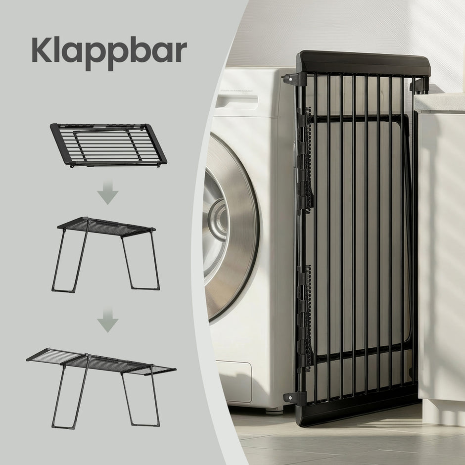Wasdroogrek - 62,5 x (113,5-200) x 90 cm - 22 m² droogoppervlak - uitschuifbare zijvleugels - opvouwbaar - zwart - maximale draagkracht 24 kg