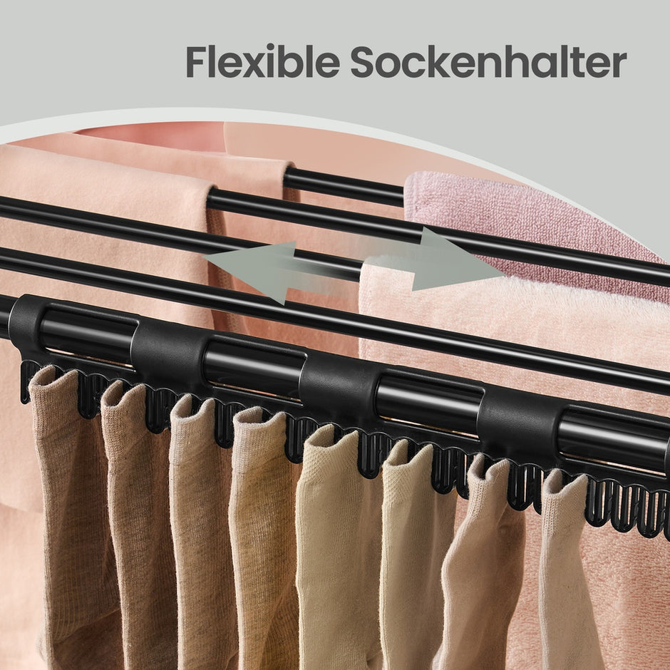 Wasdroogrek - 62,5 x (113,5-200) x 90 cm - 22 m² droogoppervlak - uitschuifbare zijvleugels - opvouwbaar - zwart - maximale draagkracht 24 kg