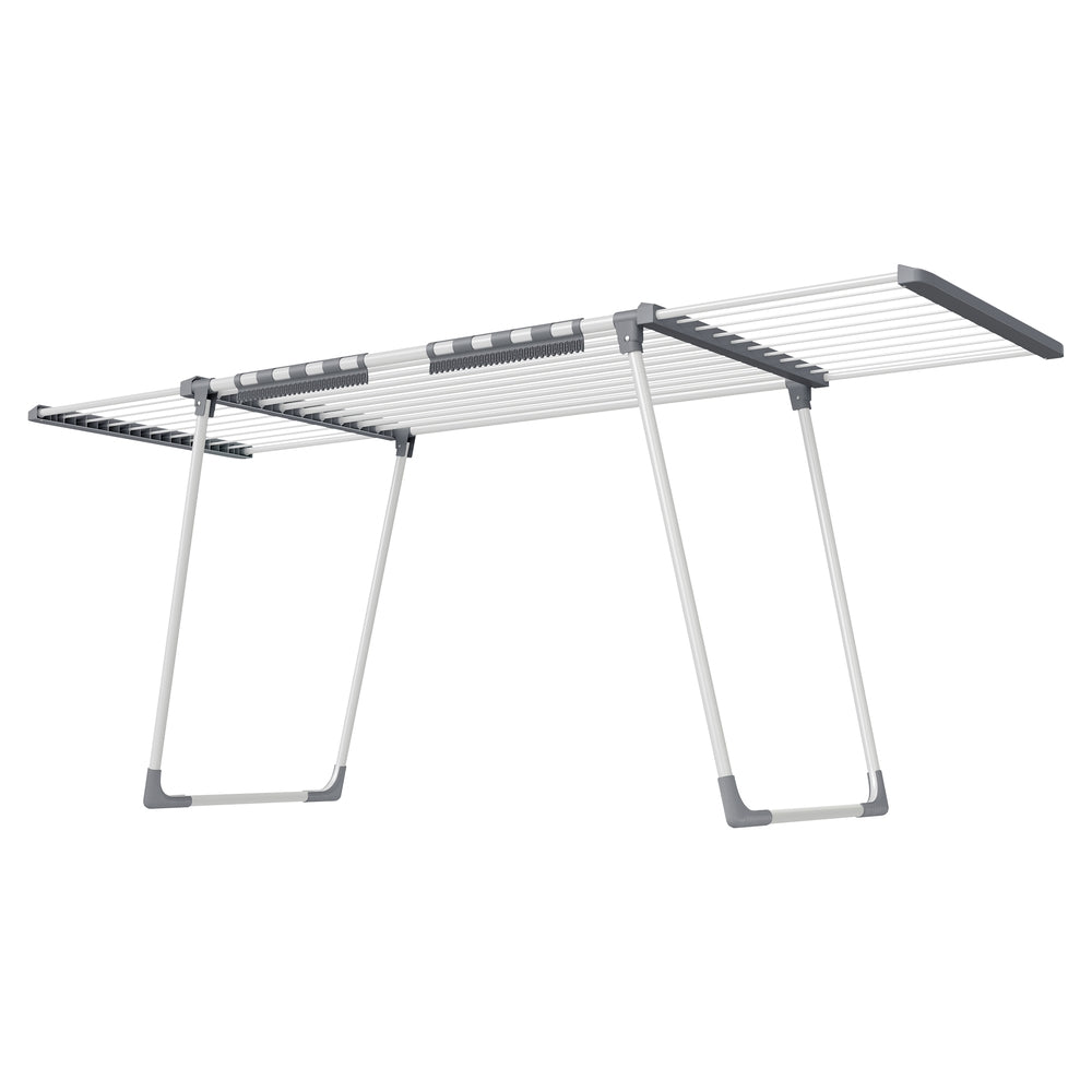 Wasdroogrek - 62,5 x (113,5-200) x 90 cm - 22 m² droogoppervlak - uitschuifbare zijvleugels - opvouwbaar - wit-grijs - maximale draagkracht 24 kg