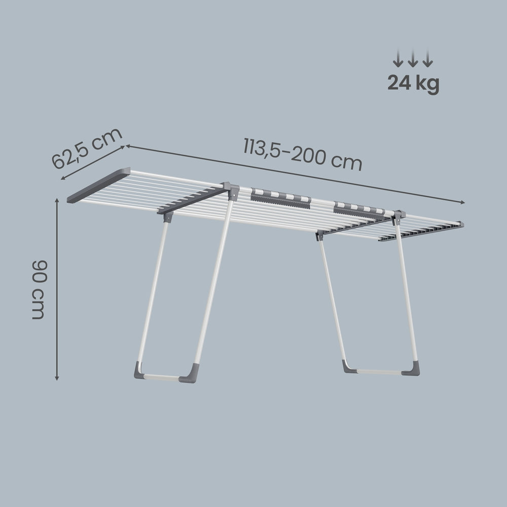 Wasdroogrek - 62,5 x (113,5-200) x 90 cm - 22 m² droogoppervlak - uitschuifbare zijvleugels - opvouwbaar - wit-grijs - maximale draagkracht 24 kg