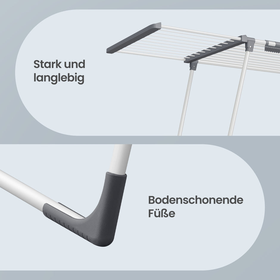 Wasdroogrek - 62,5 x (113,5-200) x 90 cm - 22 m² droogoppervlak - uitschuifbare zijvleugels - opvouwbaar - wit-grijs - maximale draagkracht 24 kg