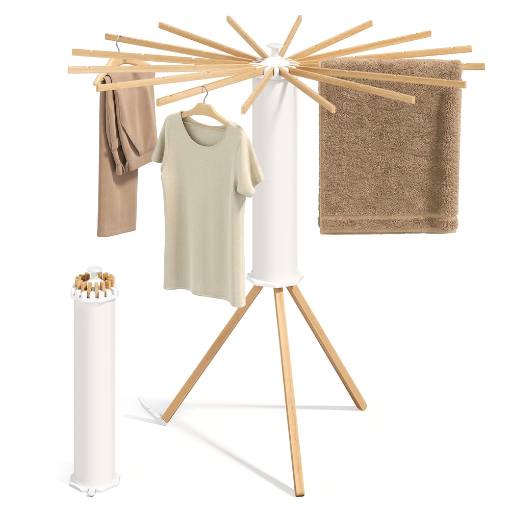 Wasdroogrek - 112 x 112 x 122 cm - Opvouwbaar, draaibaar, uitschuifbaar - Natuurlijke kleur - Maximale draagcapaciteit: 24 kg